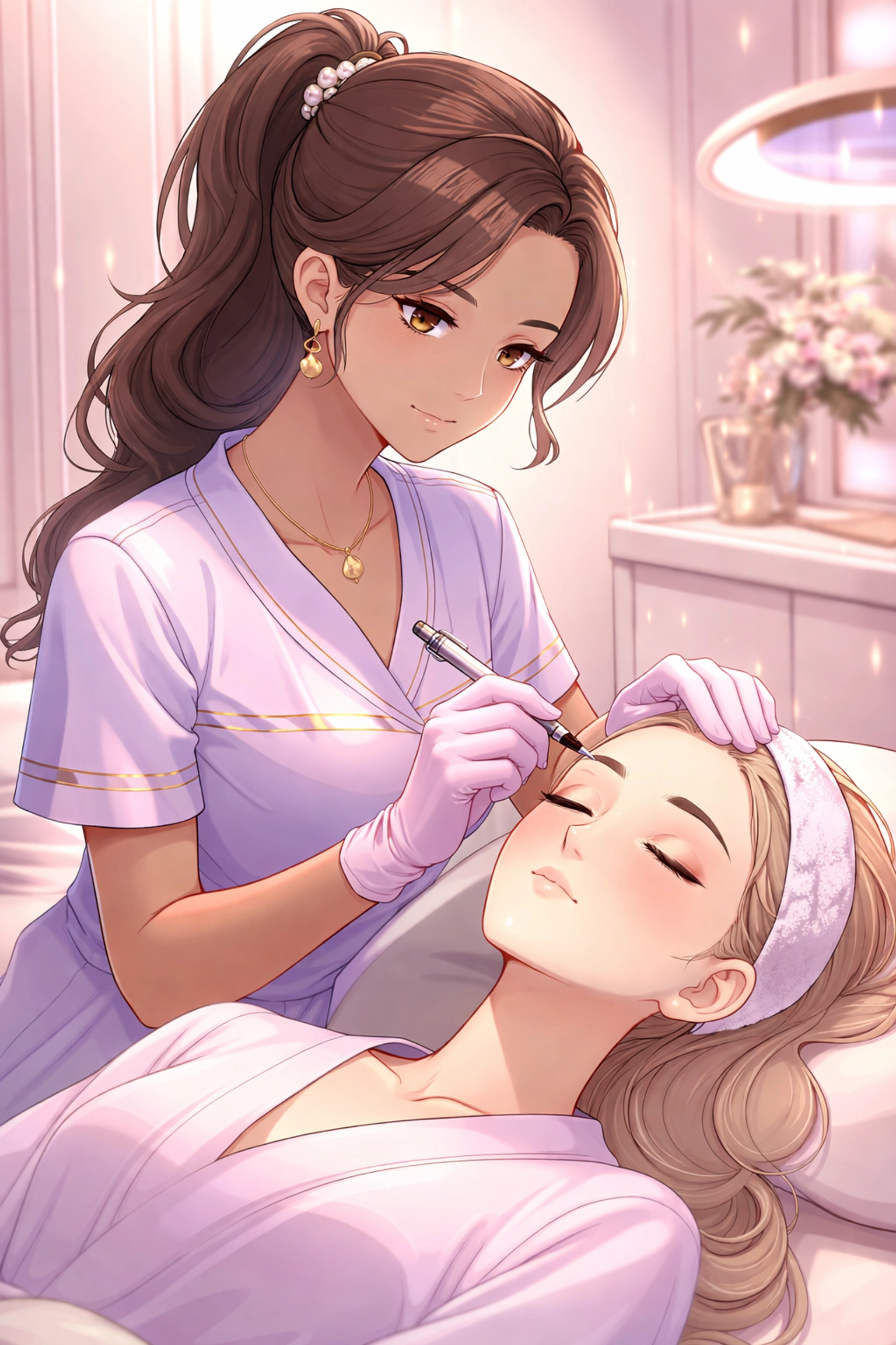 Nurse performing precise microblading in a luxury beauty studio, highlighting gentle technique and expert care.