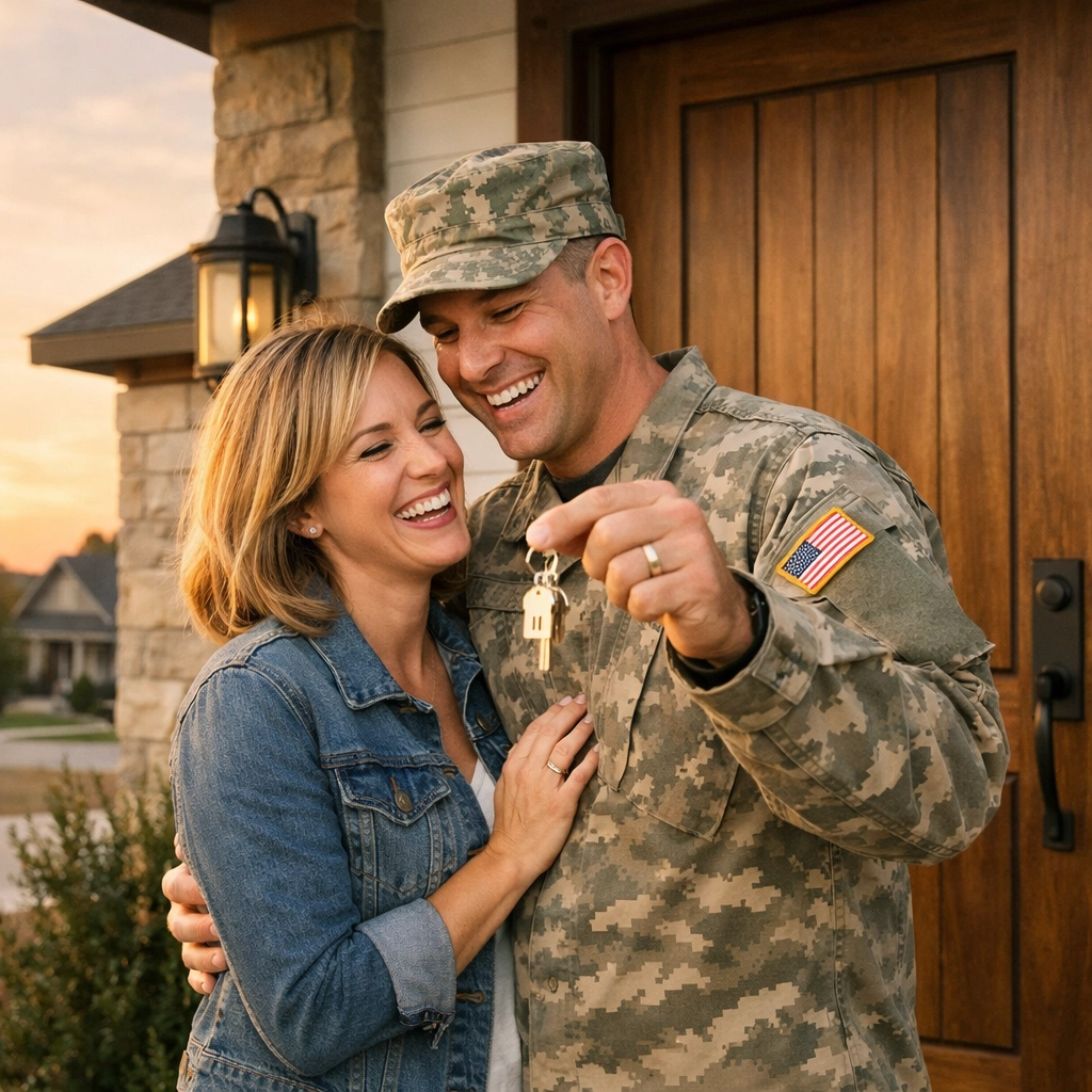 Military couple holding keys to their new San Antonio home after a successful PCS relocation.