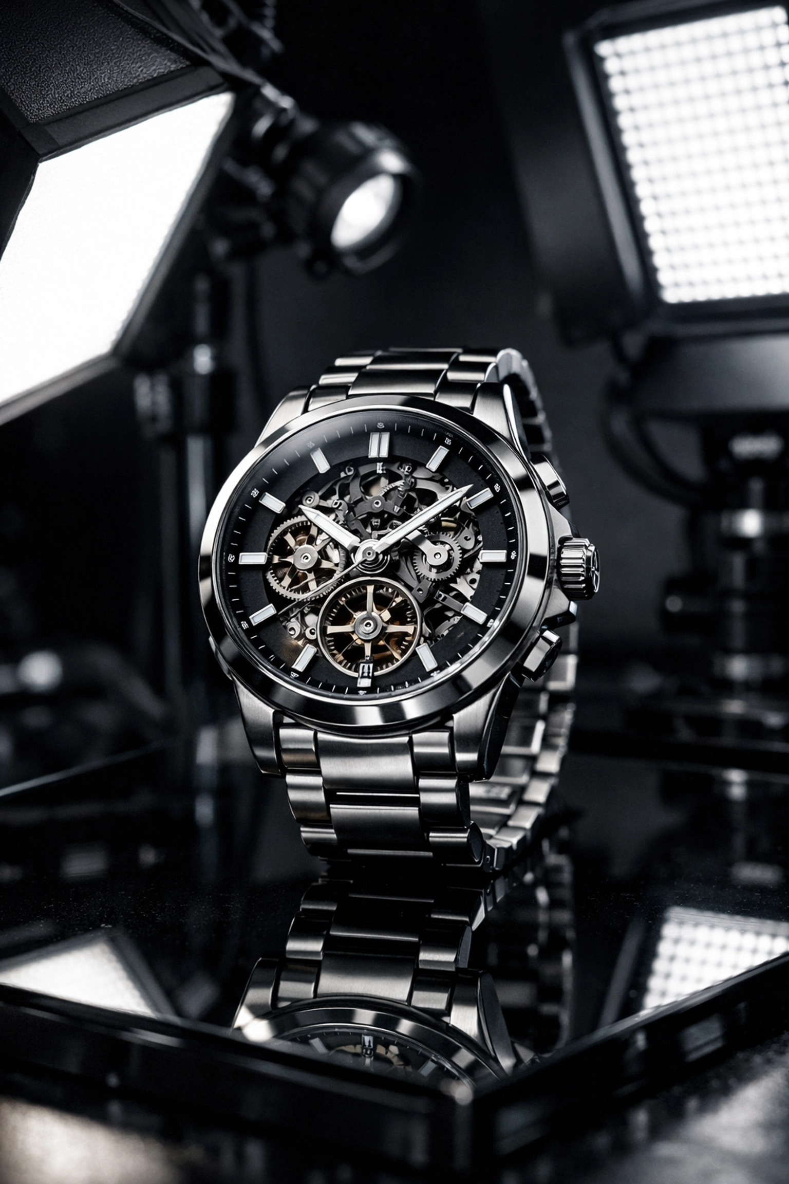 High-end product photography in Miami featuring a luxury watch in a professional studio setup.