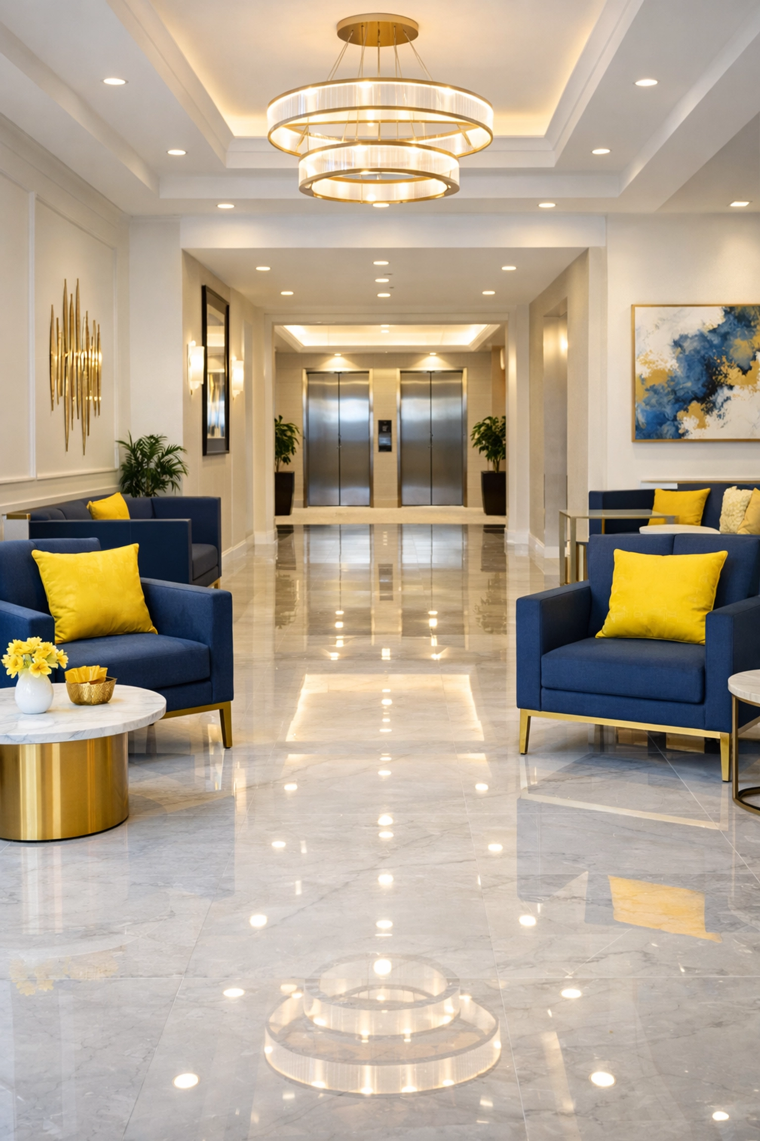 Pristine luxury apartment lobby in Bedford showing professional common area cleaning and polished floors.
