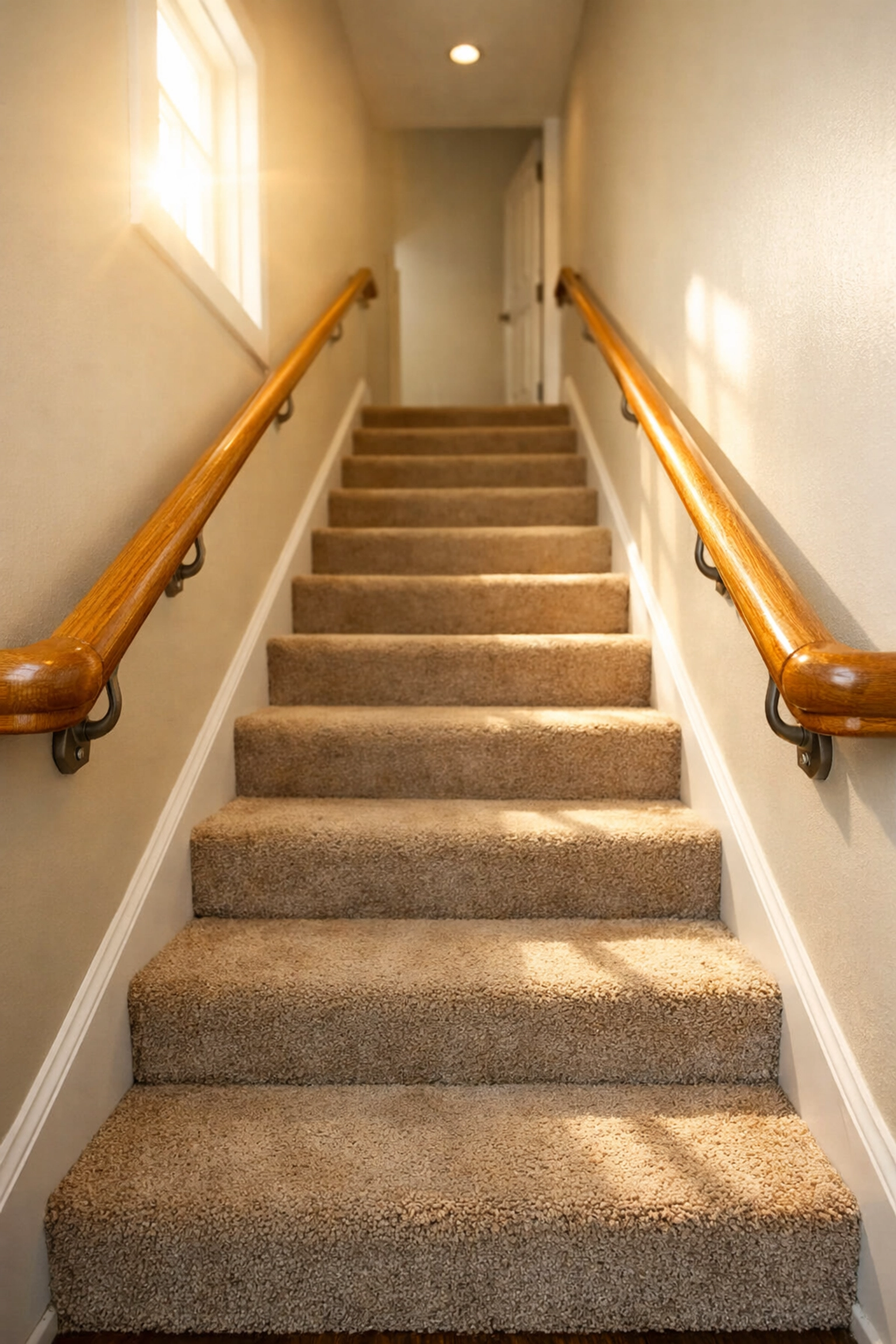 Indoor staircase with sturdy wooden handrails on both sides for improved balance and fall prevention.