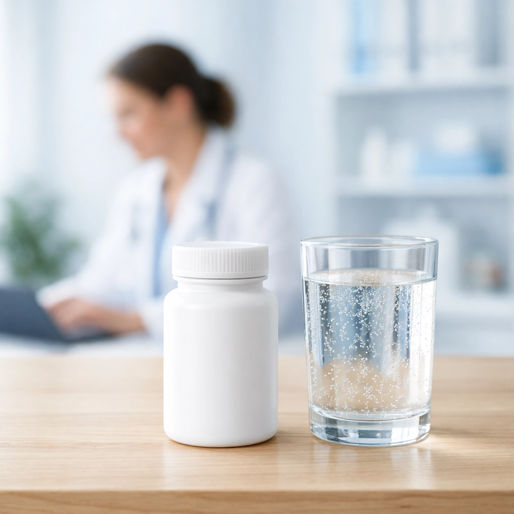 Oral weight loss medication bottle and water in a medical office representing professional clinical supervision.