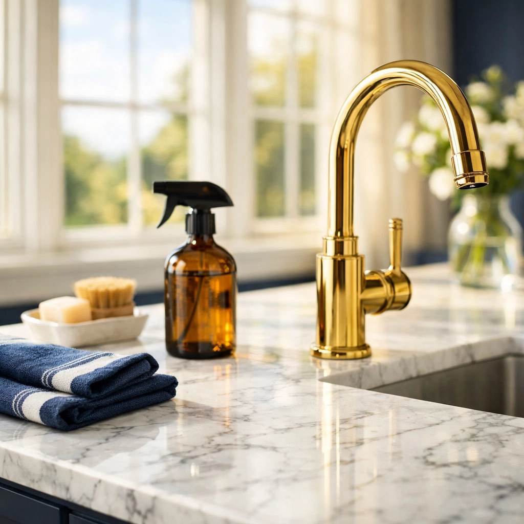 Pristine Carrara marble countertop in a luxury Winchester estate kitchen after professional cleaning.