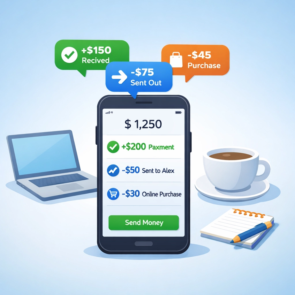 Payment app showing transaction notifications on smartphone with freelancer workspace items