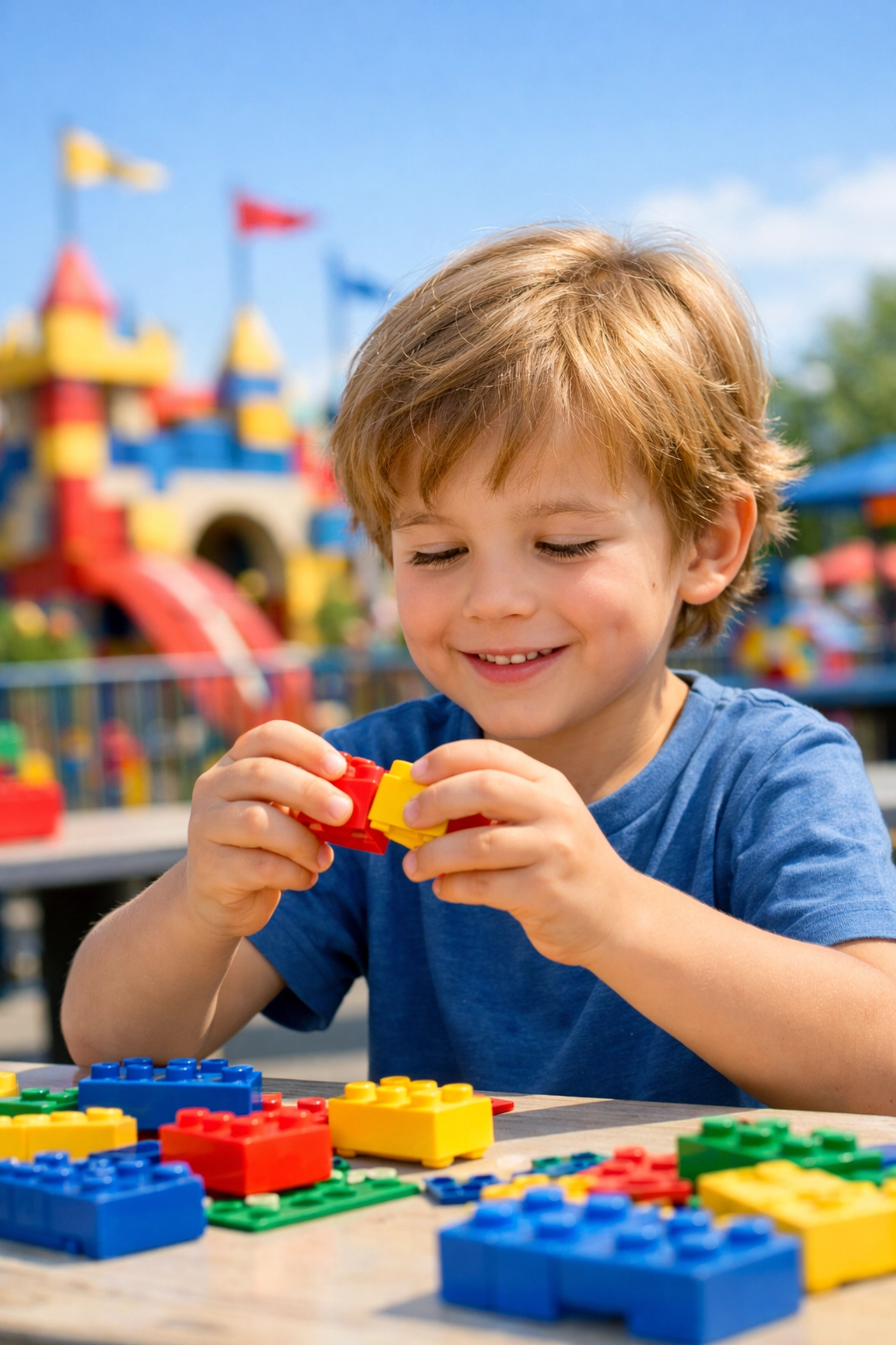 Top 10 Family Travel Activities That Won’t Result in a Public Meltdown 1 A child builds with blocks at a kid-friendly theme park, a top family travel activity.