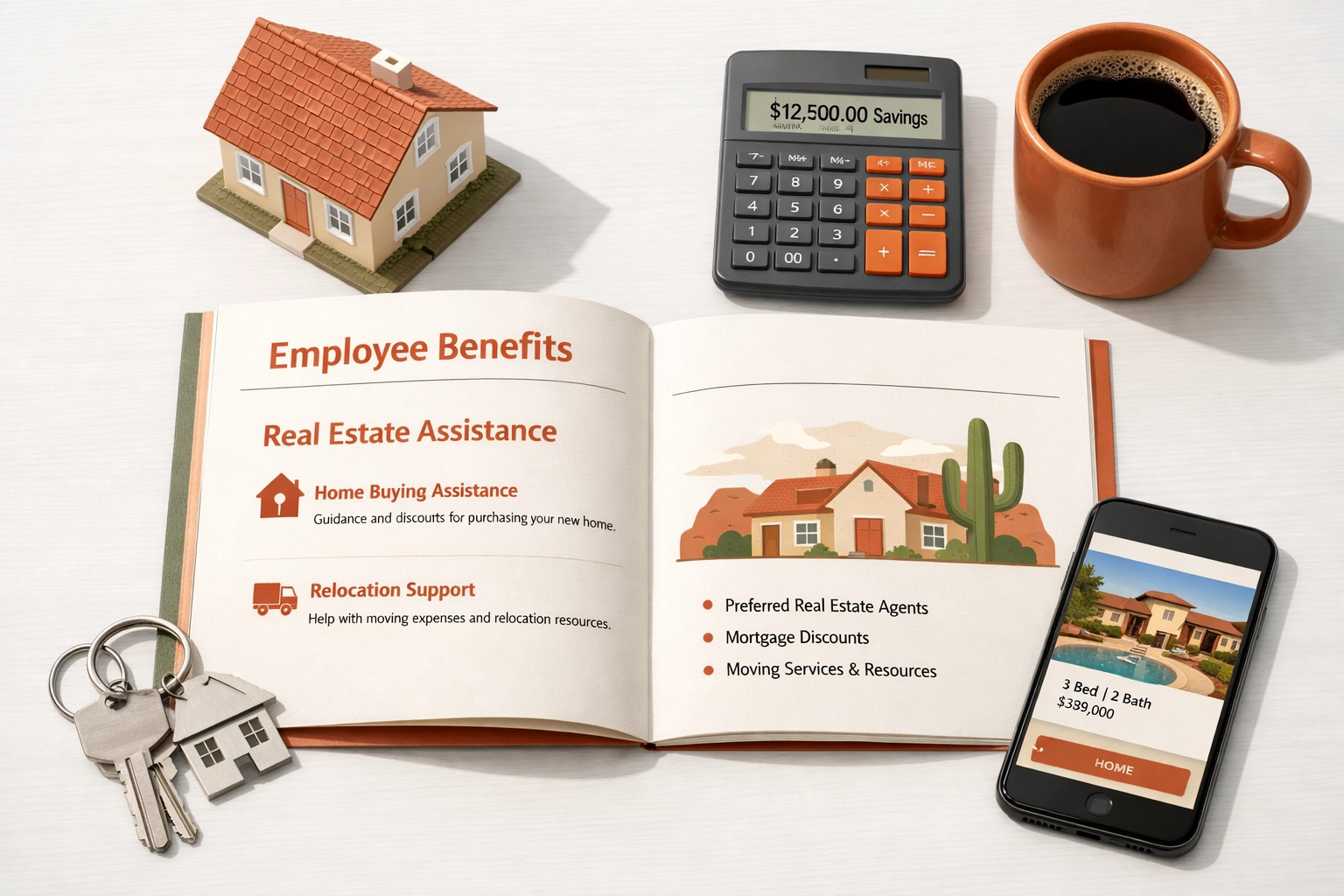 Employee benefits package with real estate assistance and home buying resources