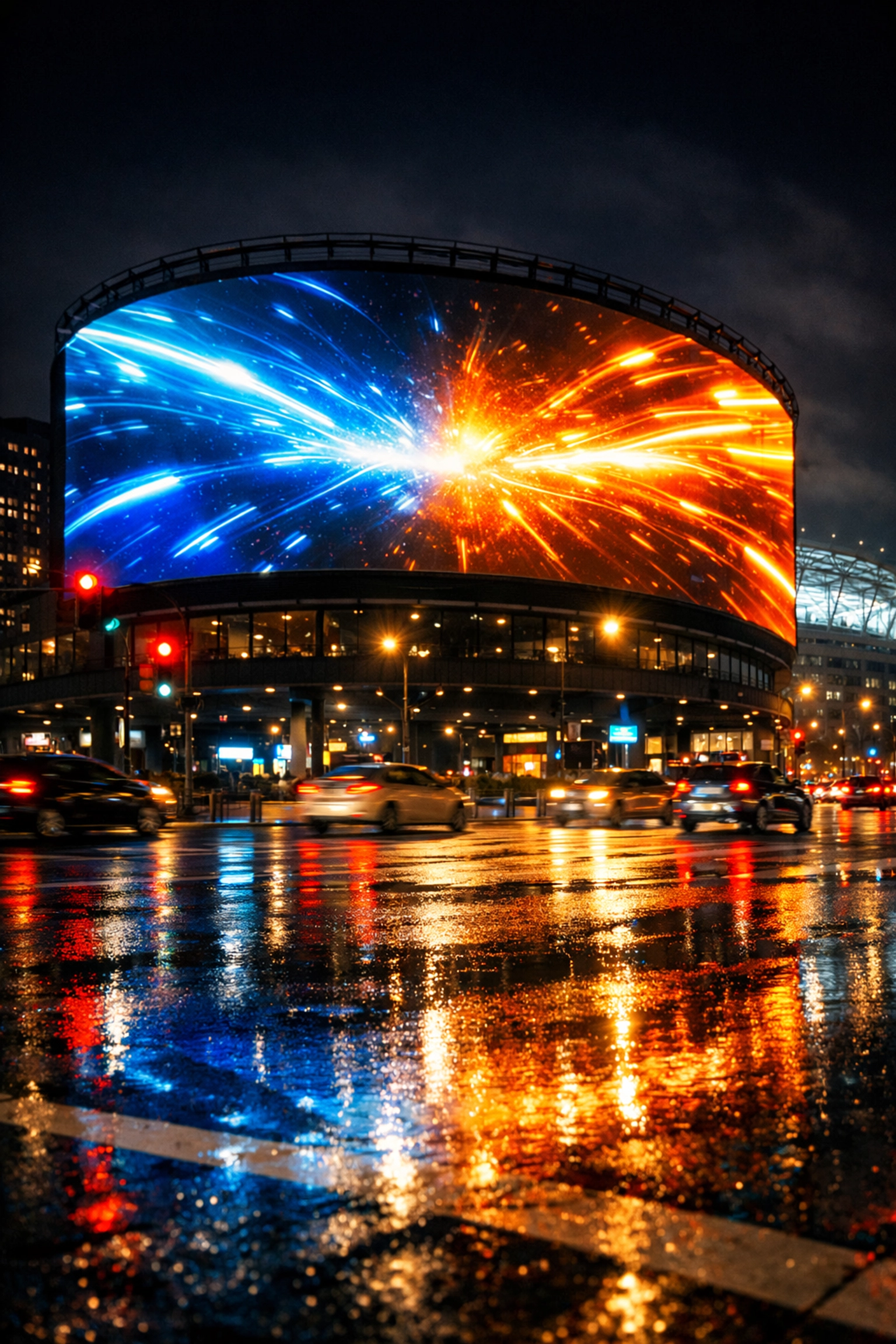 A massive high-definition billboard in a city center showcasing the Sporttron digital network.