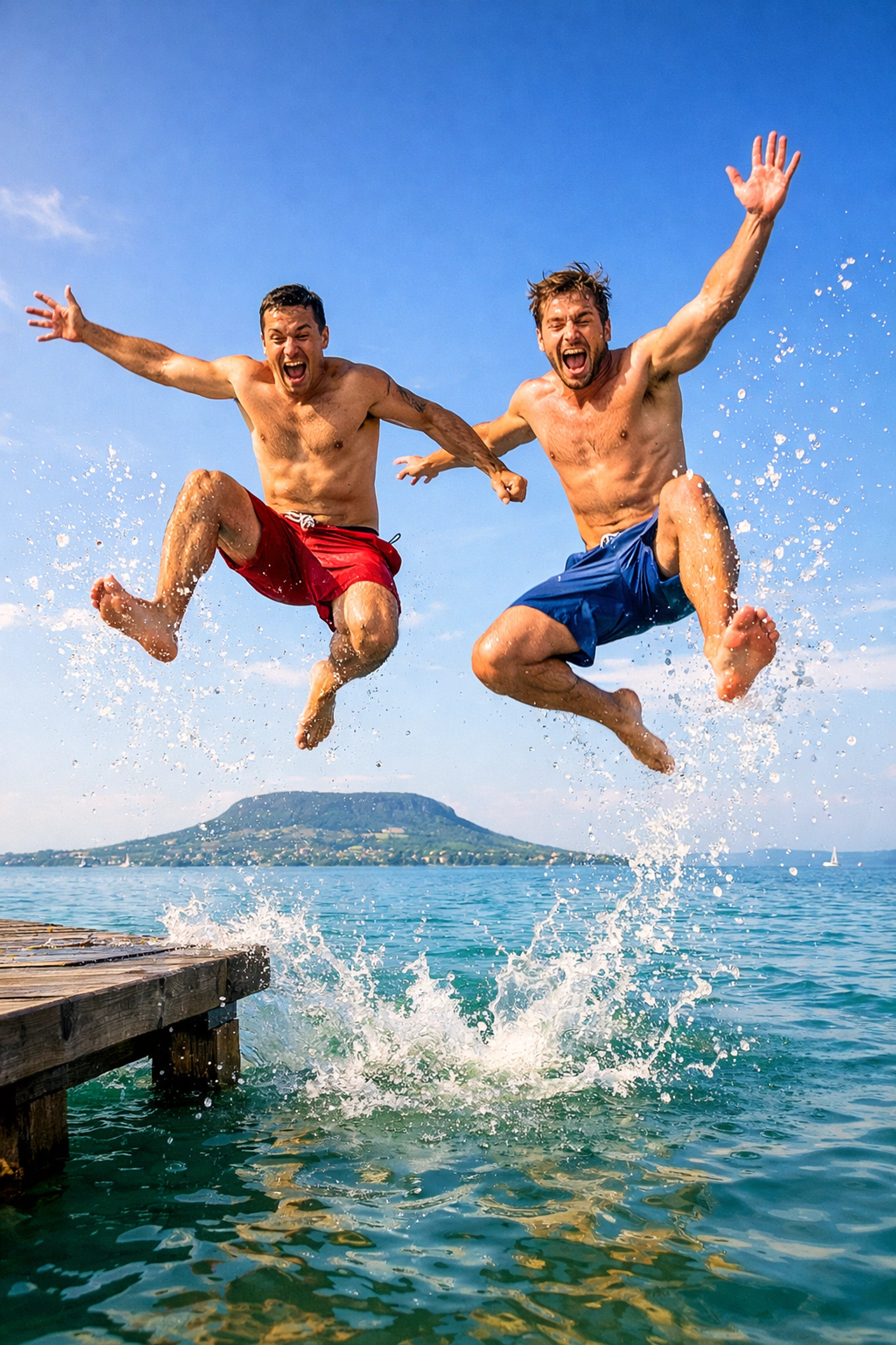 Two men jumping into Lake Balaton, illustrating a joyful summer scene from a contemporary gay romance novel.