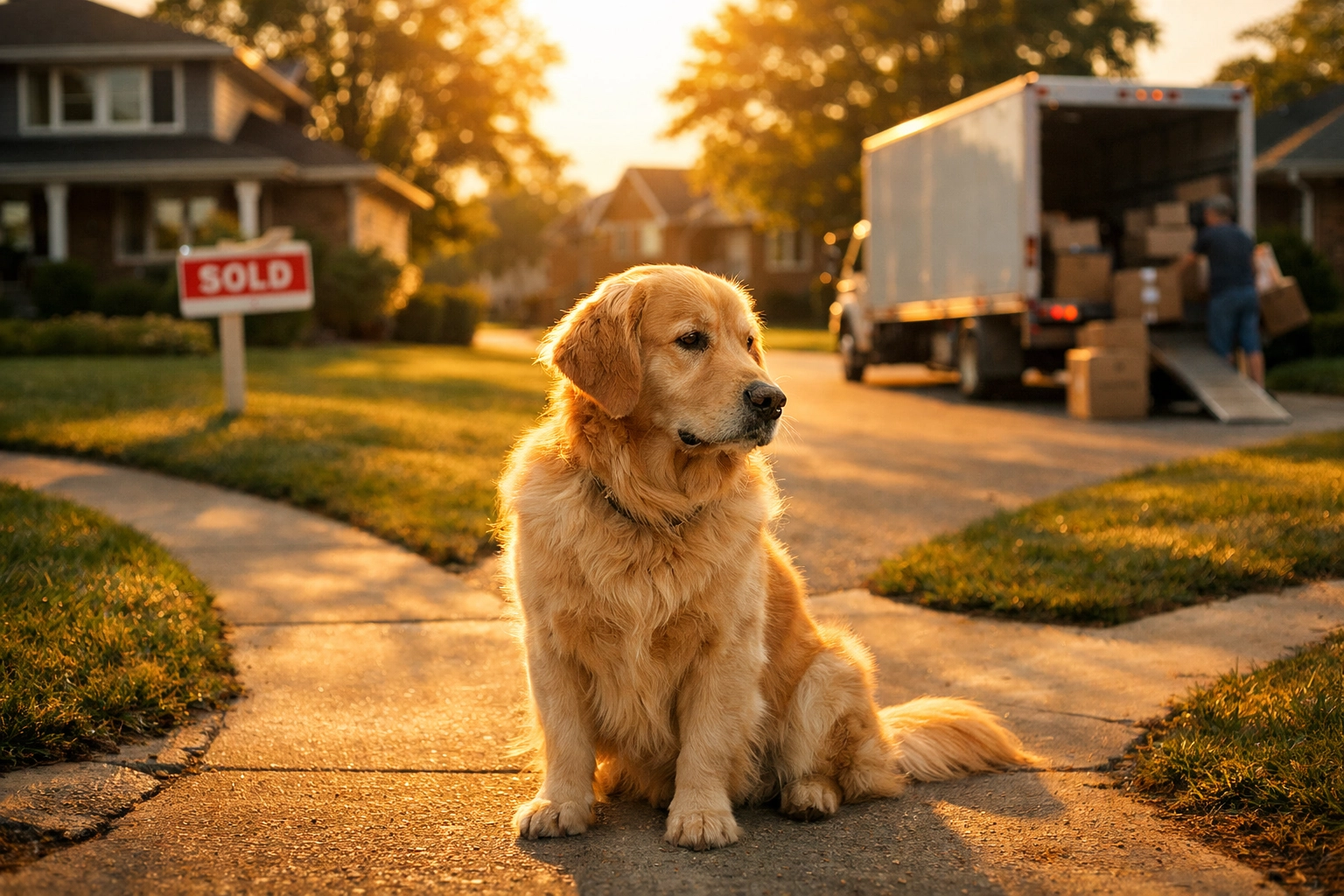 Golden Retriever at a Kansas City crossroads choosing between an MLS listing and a fast cash sale.