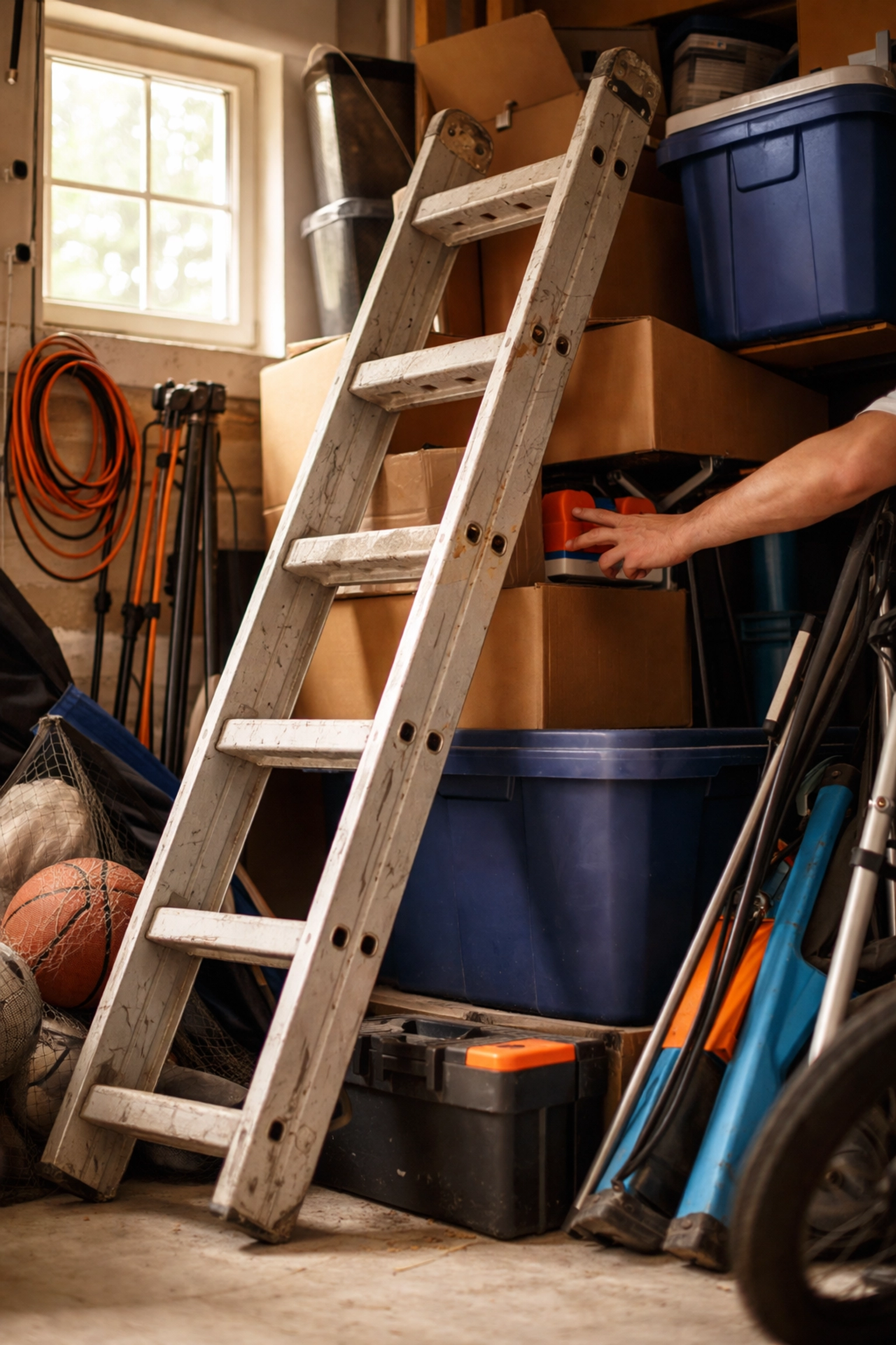 Cluttered garage corner filled with boxes and a bulky ladder, highlighting the challenge of ladder storage in Boston homes