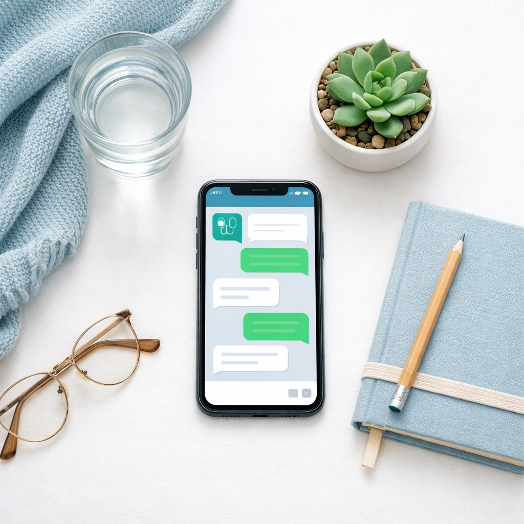 Smartphone displaying online medical consultation with self-care wellness items for private treatment