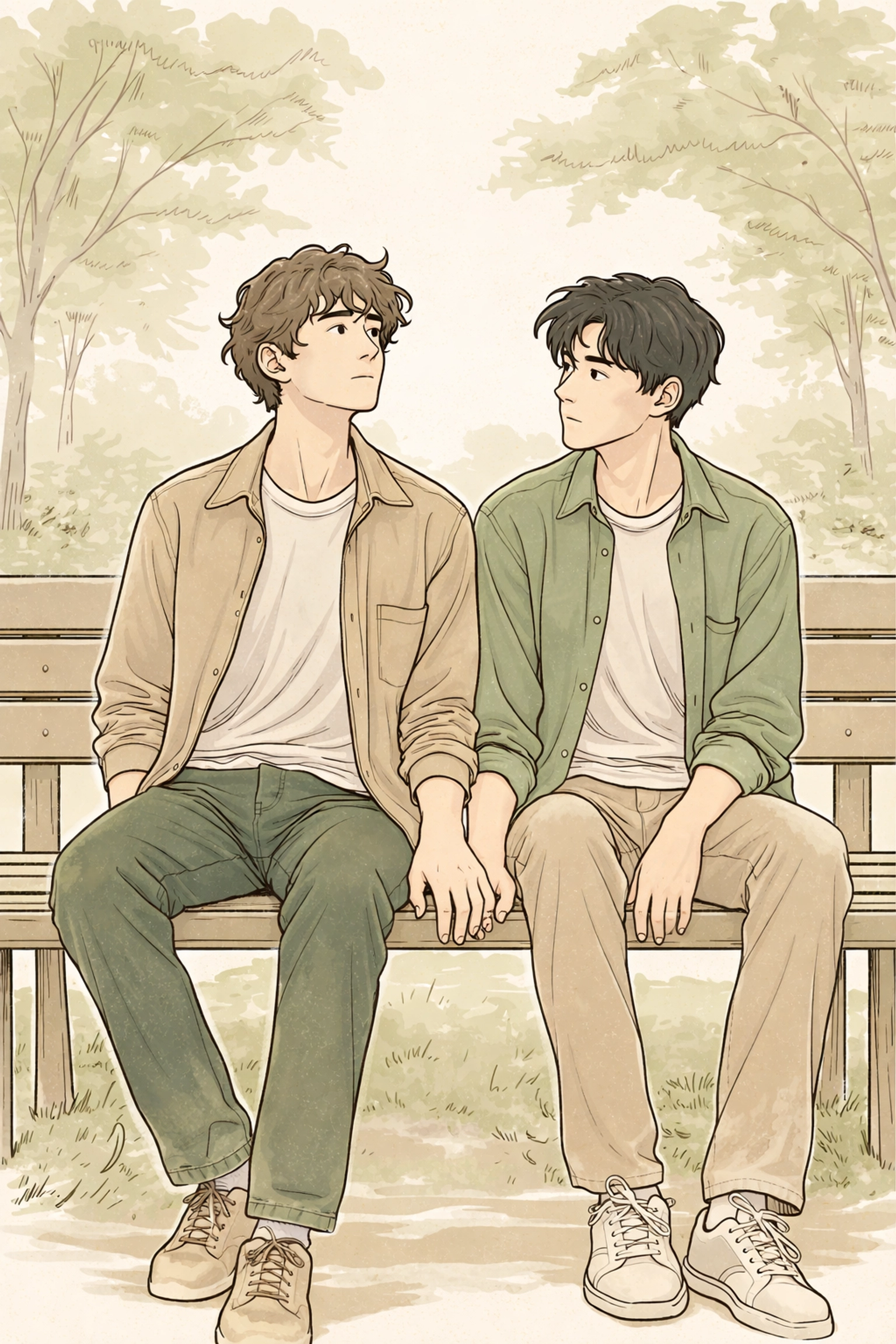 Two men on a park bench, hands nearly touching, reflecting unspoken bisexual feelings and LGBTQ+ connection.