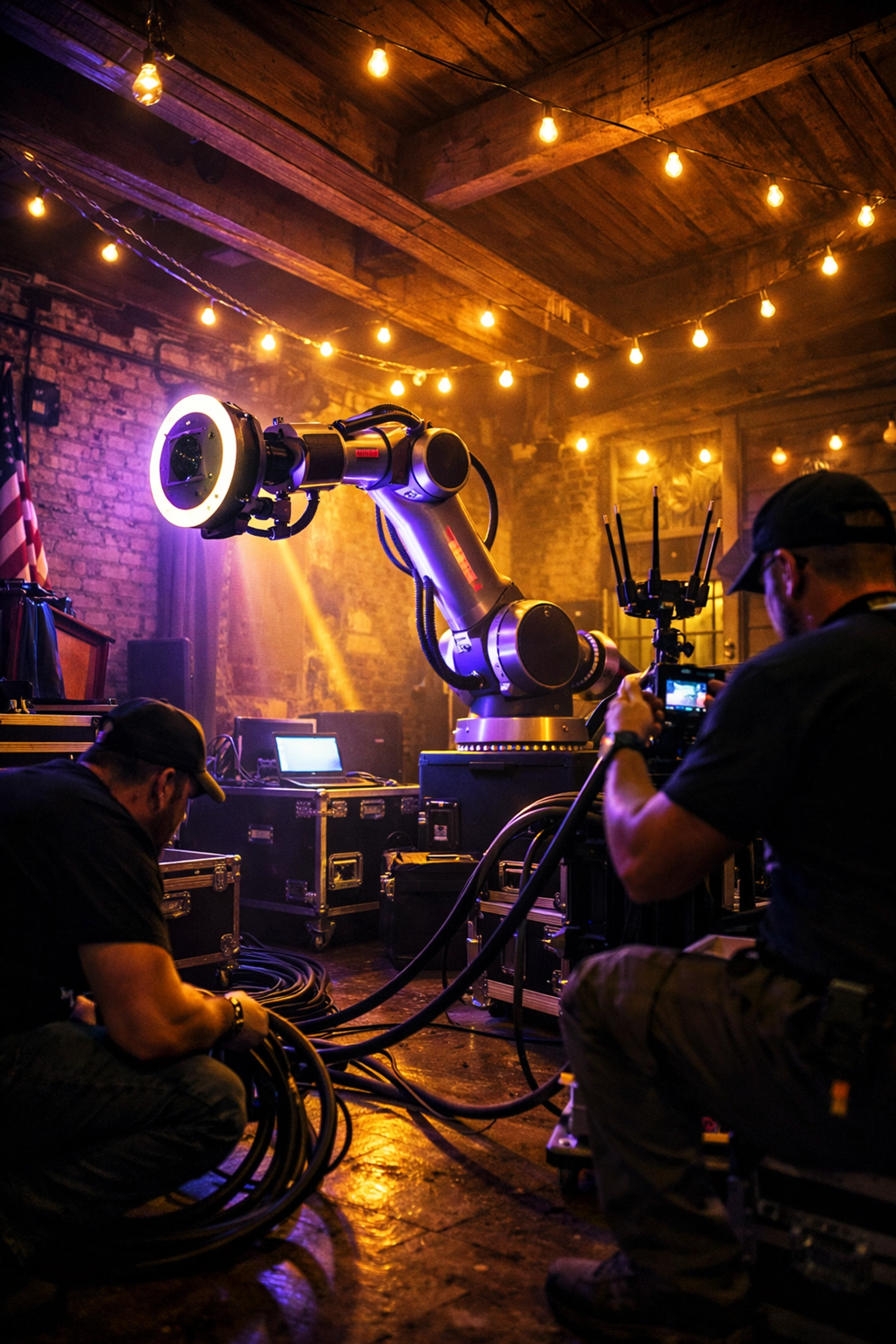 Robotic photo booth setup at SXSW Austin venue with technical crew and equipment