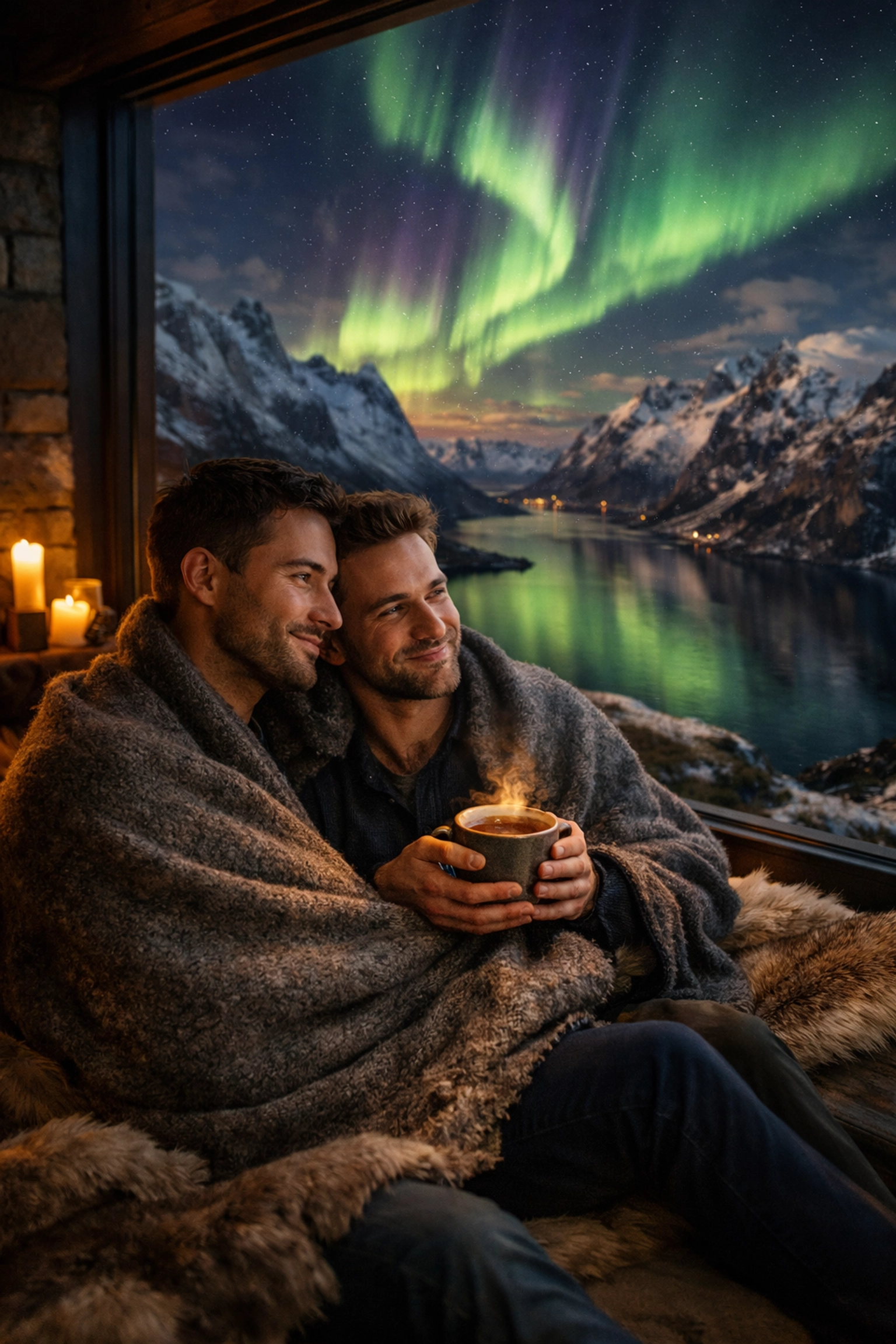 Romantic gay couple cozying up in a luxury Norway cabin under the Northern Lights.