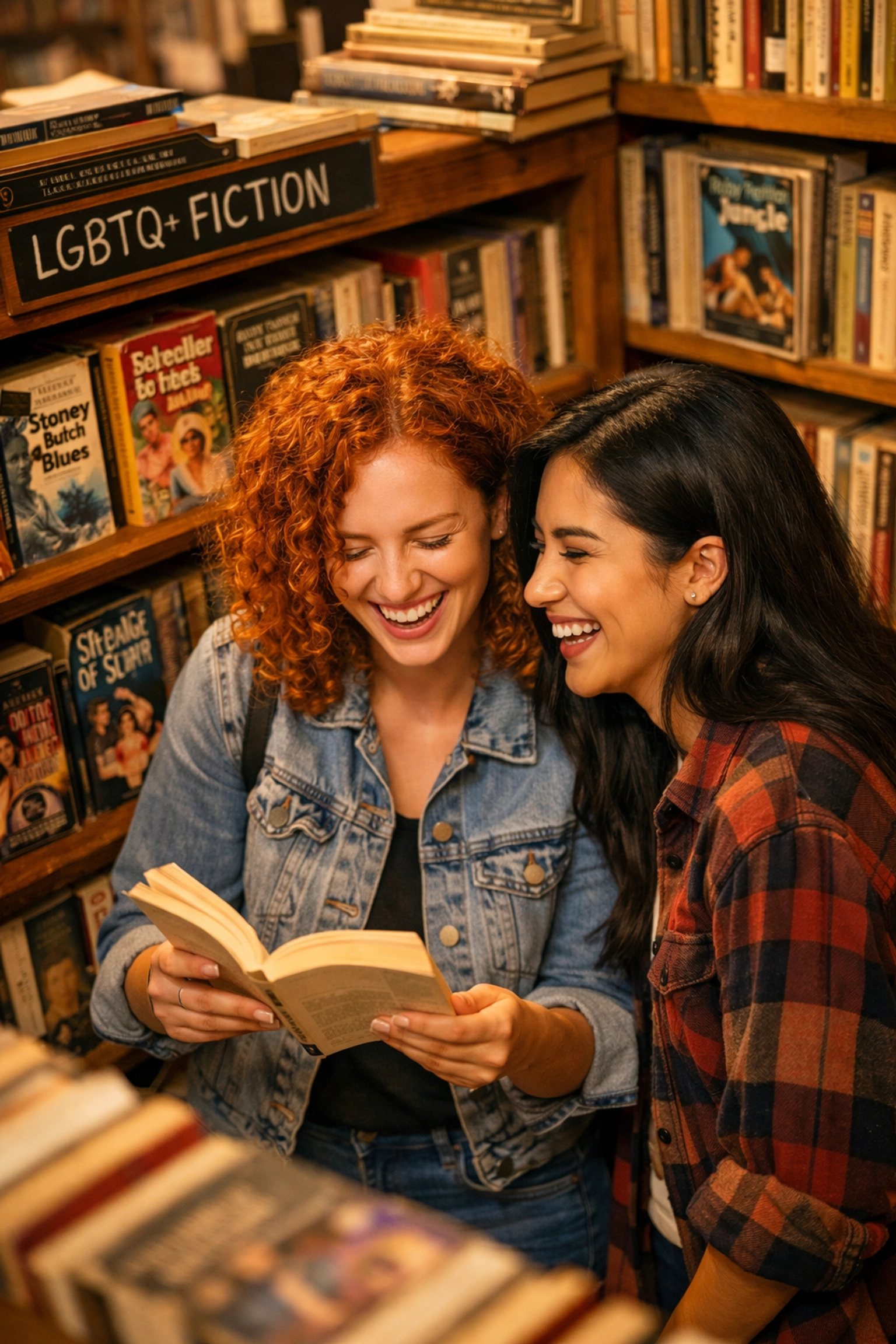 Two women joyfully browsing LGBTQ+ fiction section in independent bookstore