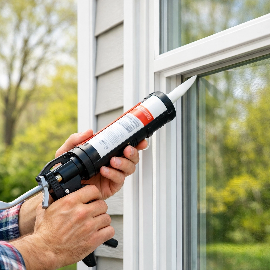 Sealing window frames with a caulking gun to improve home energy efficiency and waterproofing.