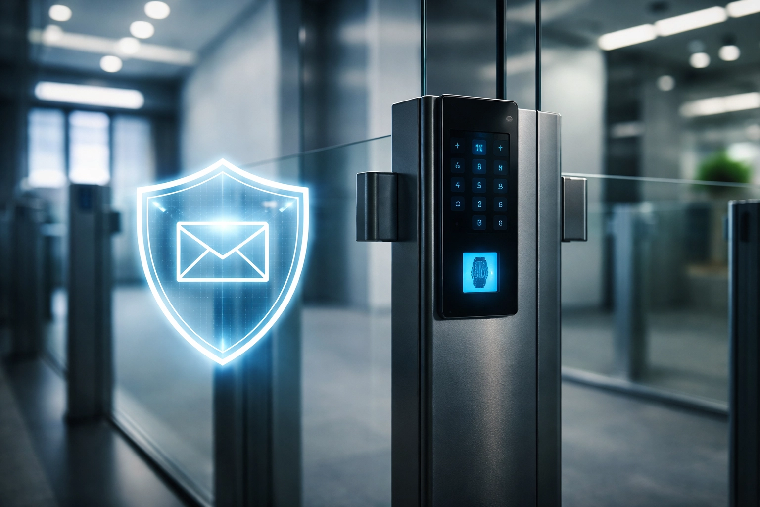 Modern office security checkpoint symbolizing DMARC email protection for business against spoofing in 2026