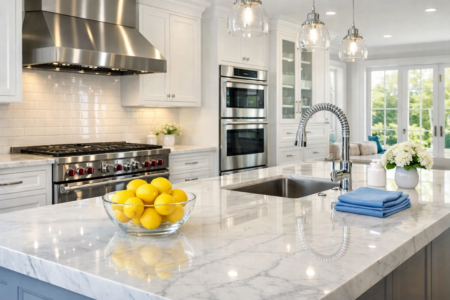 Professional deep cleaning in Westborough showcasing a sparkling kitchen with marble counters and polished appliances.