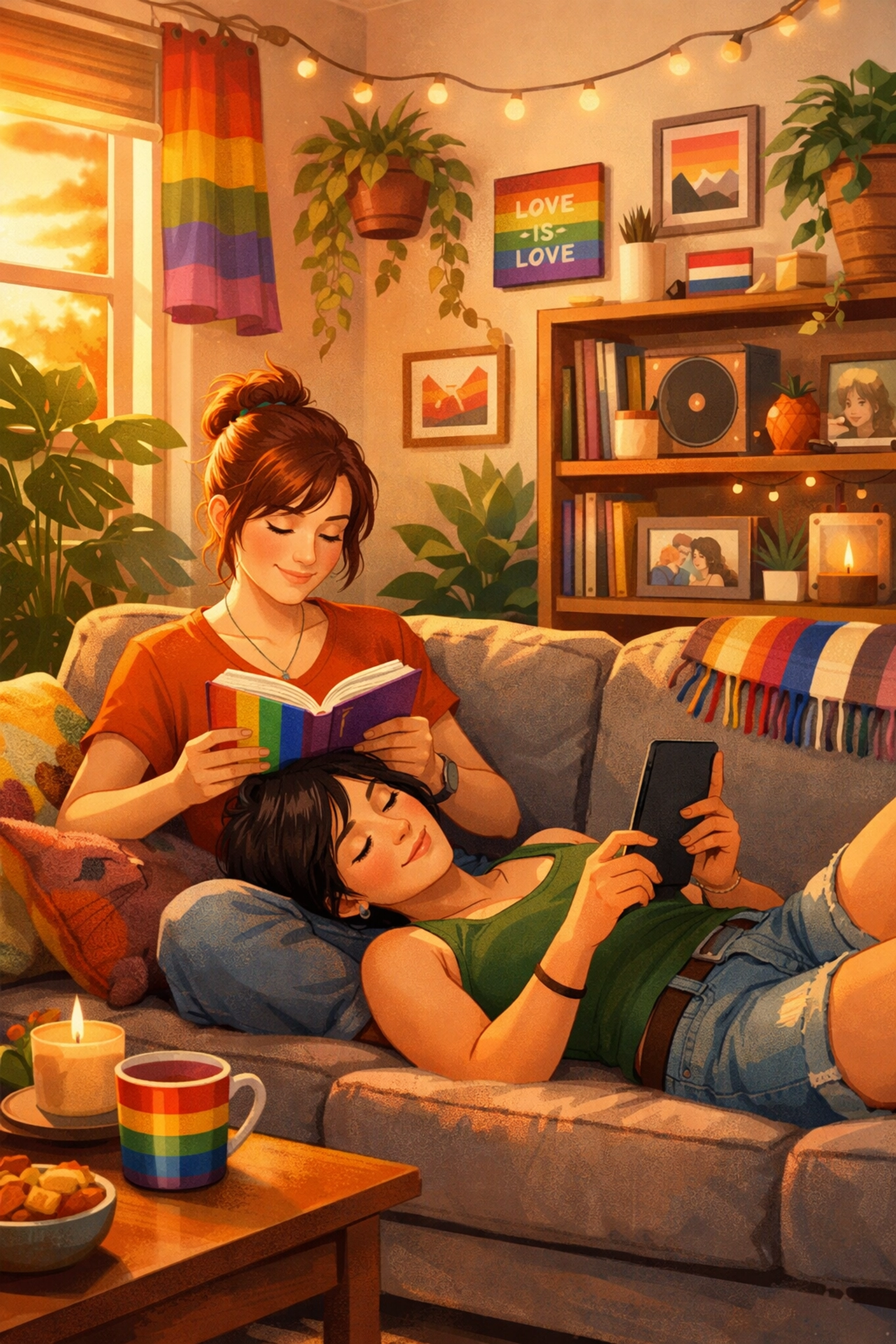 A lesbian couple reading inclusive LGBTQ+ books together in a cozy, sunlit living room.