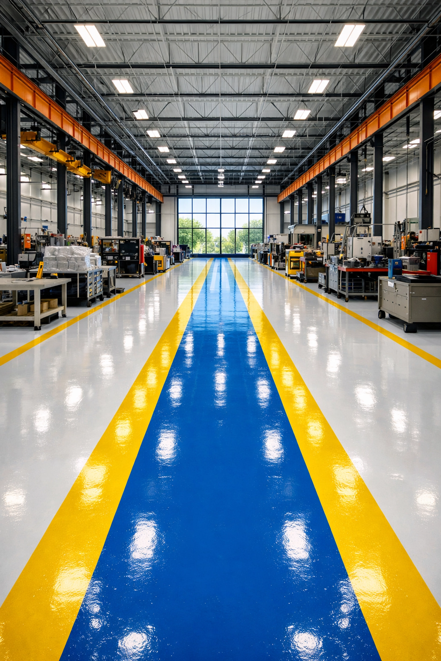 Spotless production bay with bright yellow safety paths in a Fitchburg paper manufacturing plant.