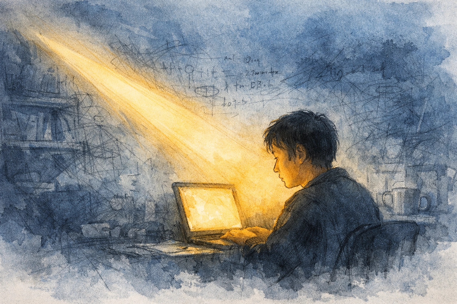 Illustration of a creator in a digital studio, illuminated by a beam of light representing the Gospel.