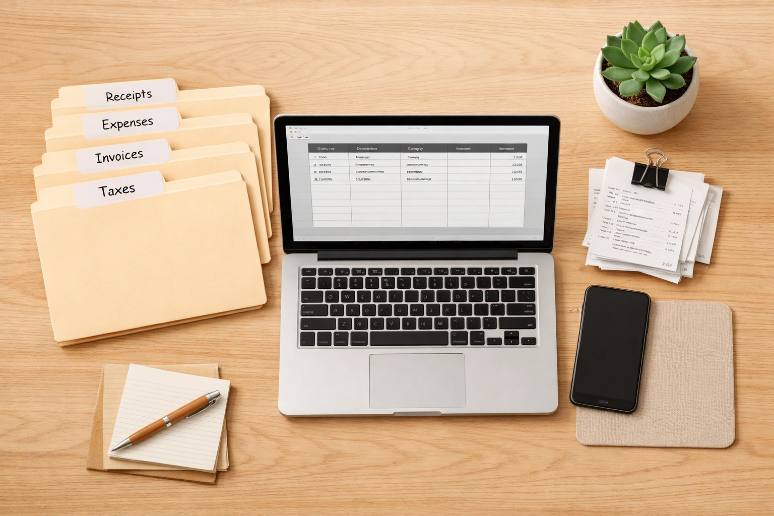 Organized tax document filing system with folders, receipts, and laptop on home office desk