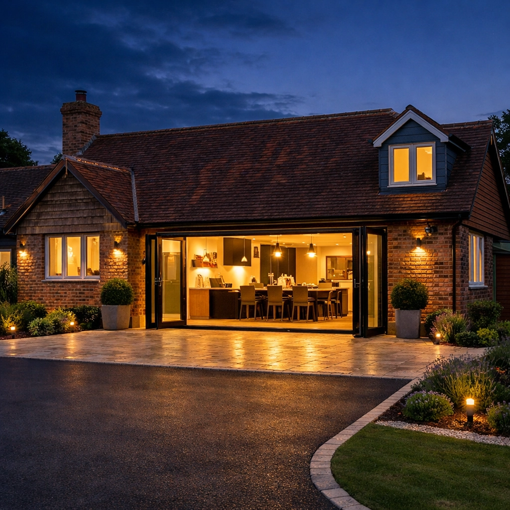 Twilight view of a renovated West Sussex home with glowing bifold doors and a tidy, finished exterior.