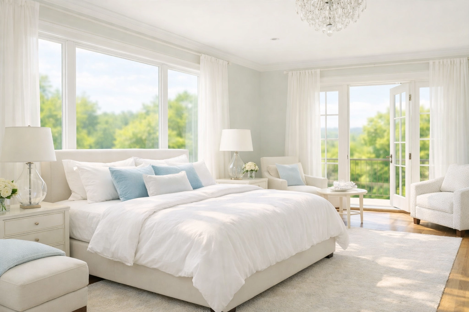 Sun-drenched Brookline bedroom cleaned with eco-friendly products, overlooking Larz Anderson Park.