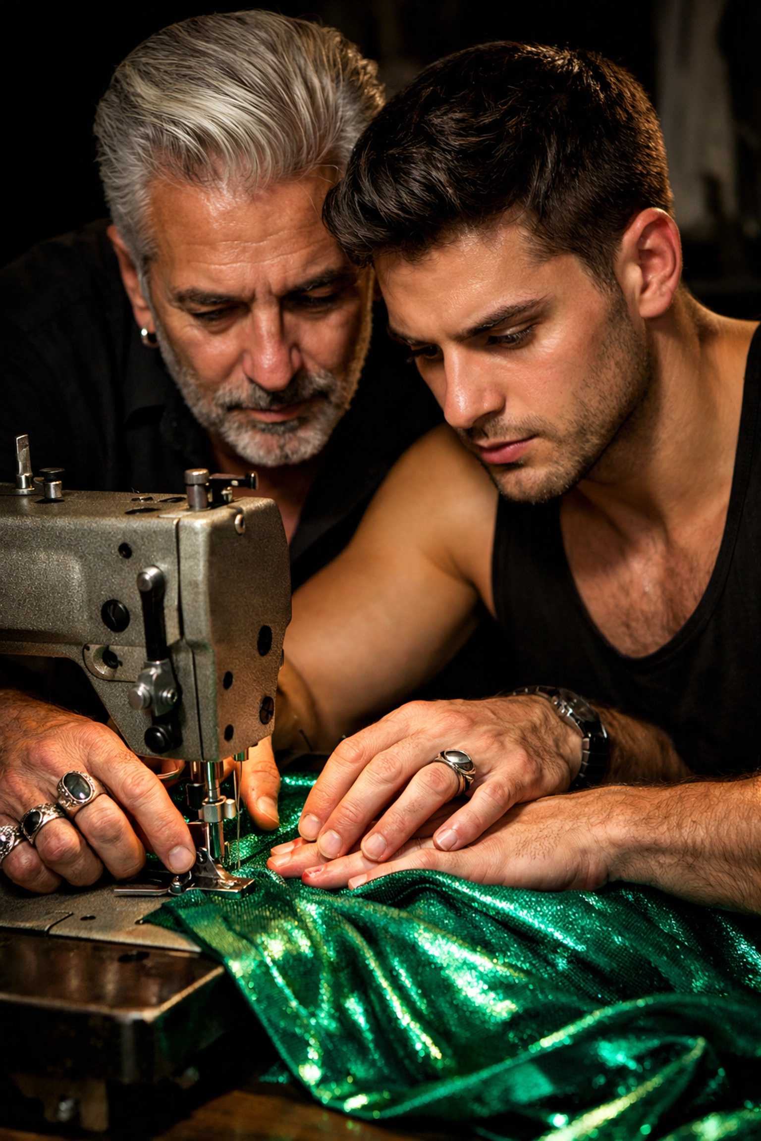 A queer mentor teaching a younger man how to sew drag costumes at a professional station.