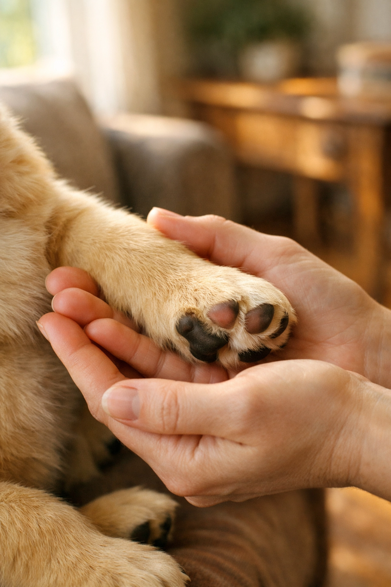 A person gently holding a Golden Retriever puppy's paw, focusing on the delicate leg joints and growth plates.