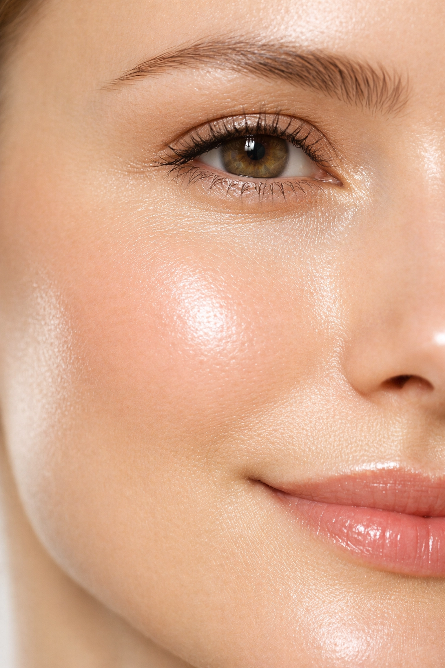 Close-up of smooth, hydrated under-eye skin highlighting polynucleotides benefits for skin repair and collagen boost.