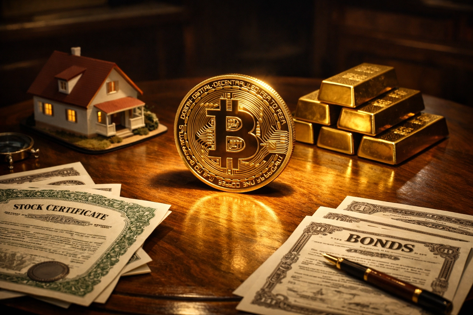 Bitcoin coin surrounded by traditional investment assets including real estate, gold, and bonds
