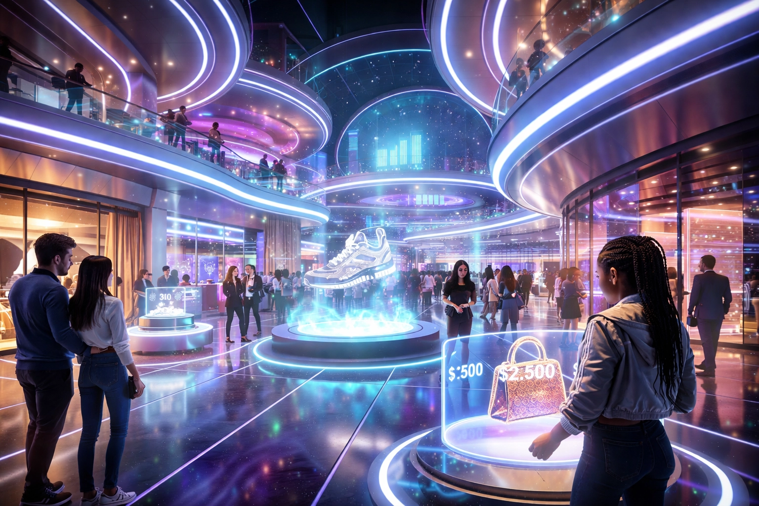 Immersive metaverse shopping mall with holographic displays, digital goods, and social VR shopping experience