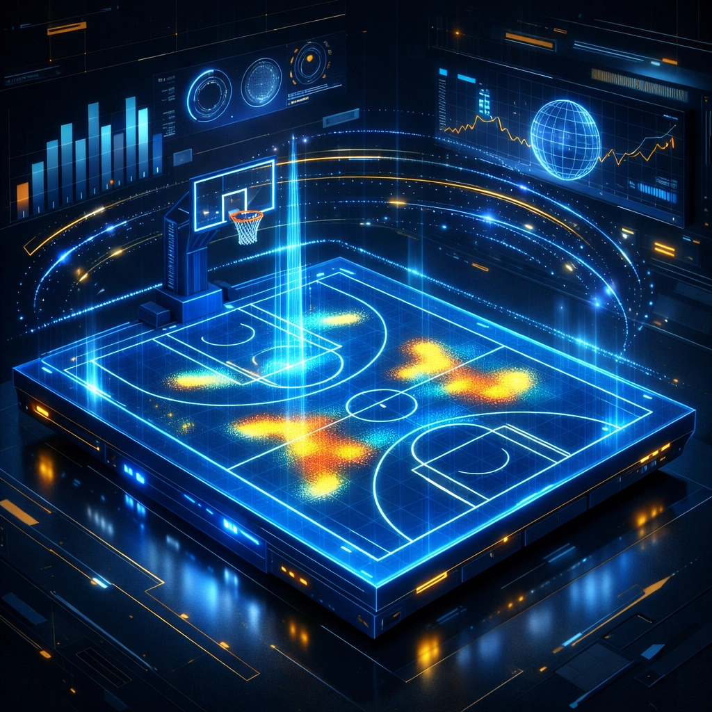 Holographic basketball court with digital data overlays representing NBA AI predictions and score projections.