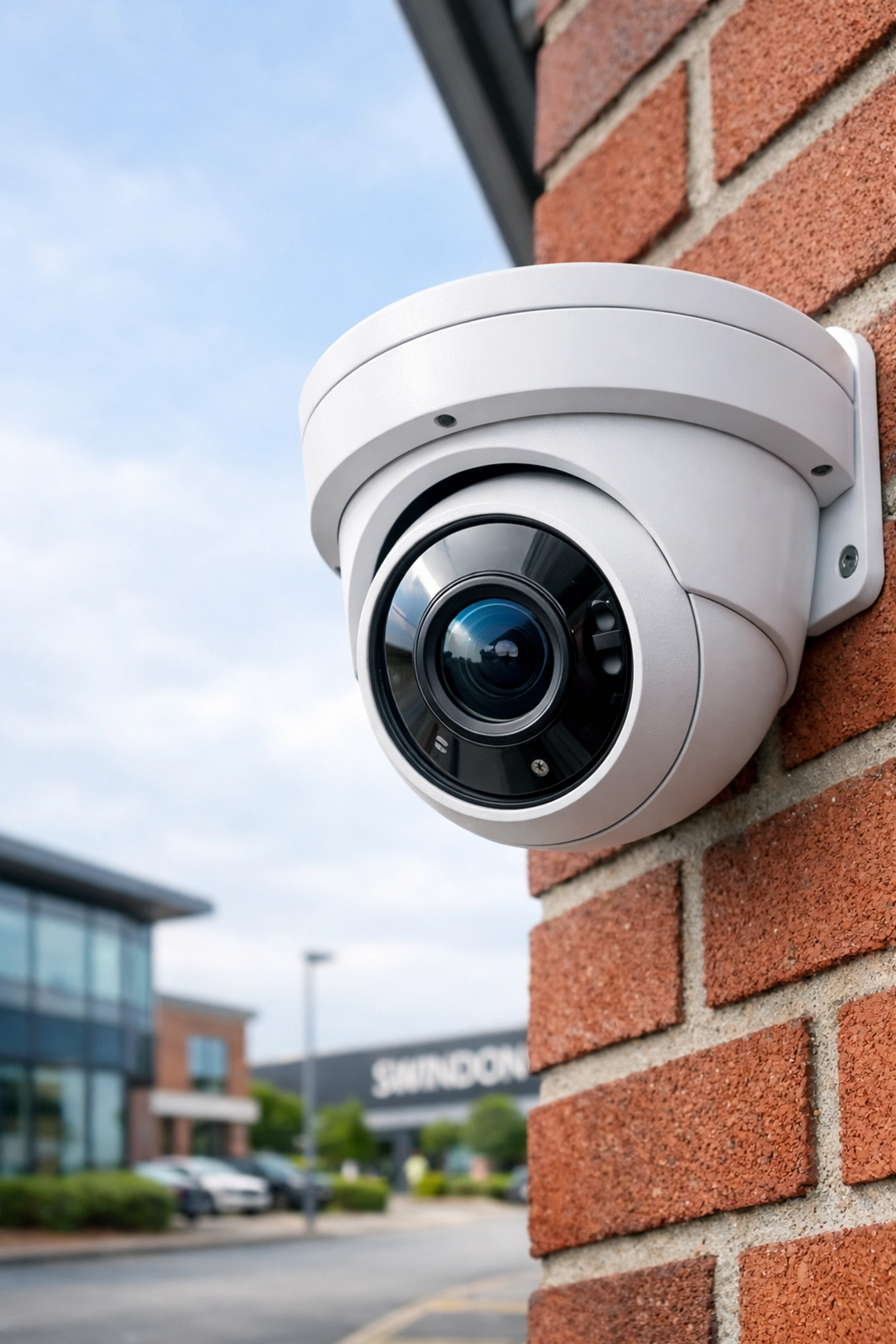 Modern IP security camera installed on a commercial brick building in a Swindon business park.