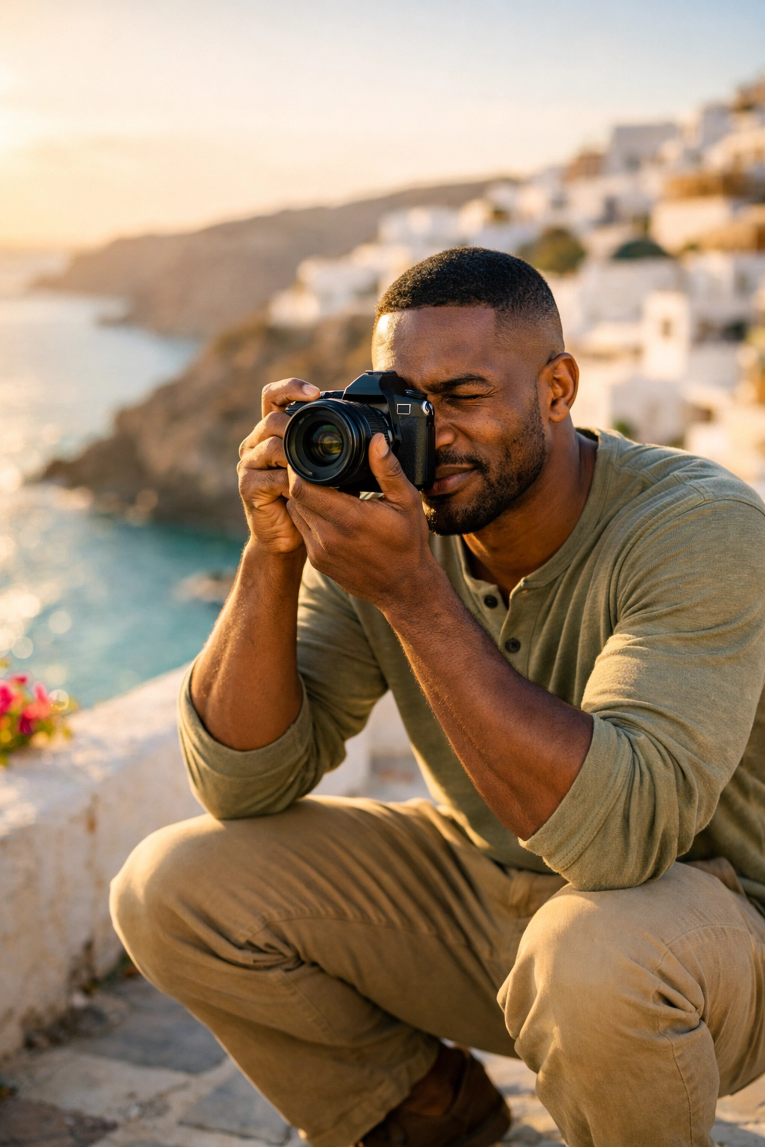 Travel photographer shooting portfolio content on Mediterranean terrace with camera