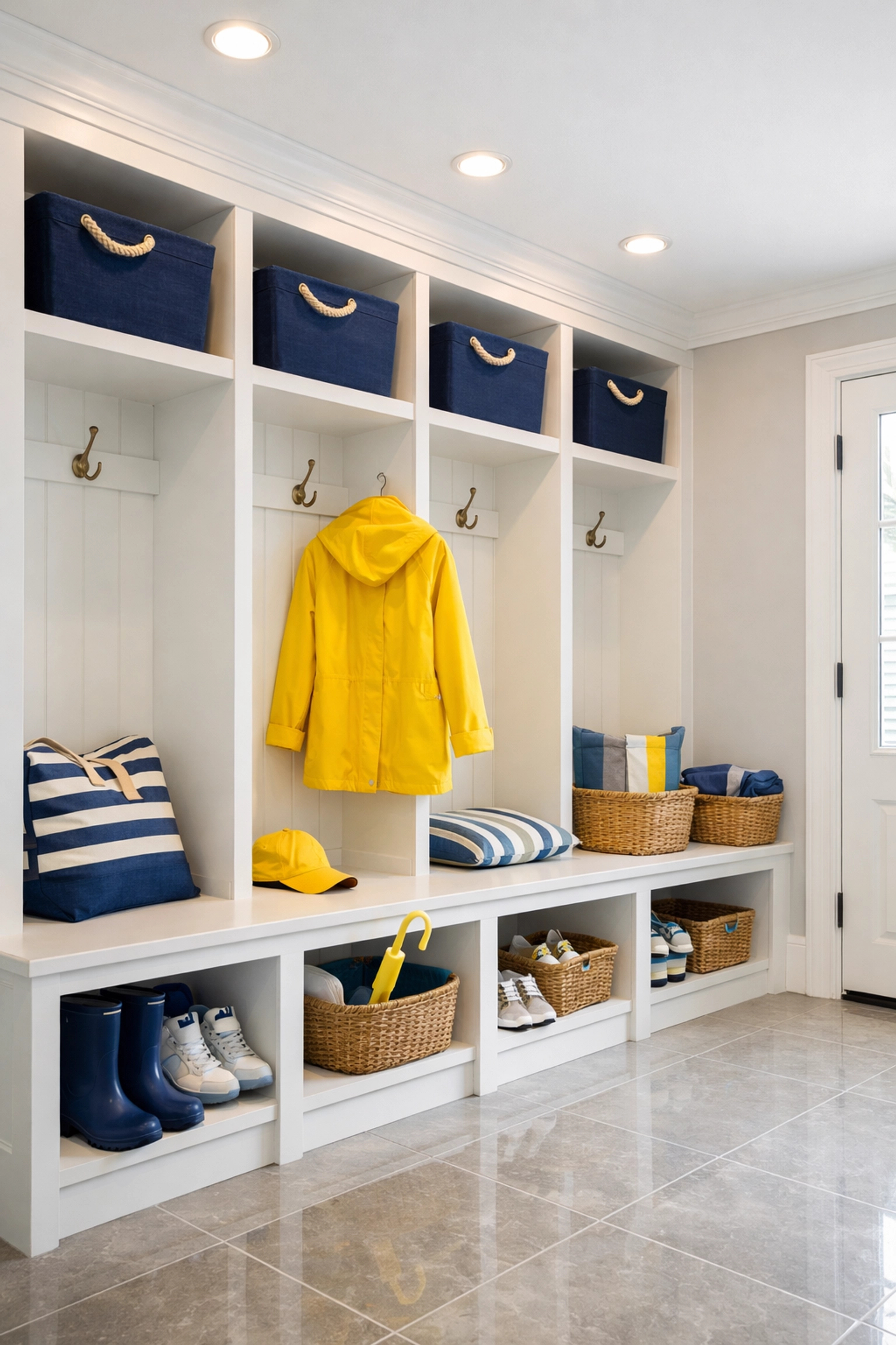 Organized Stow mudroom with polished tile floors and tidy storage bins for a guest-ready home.