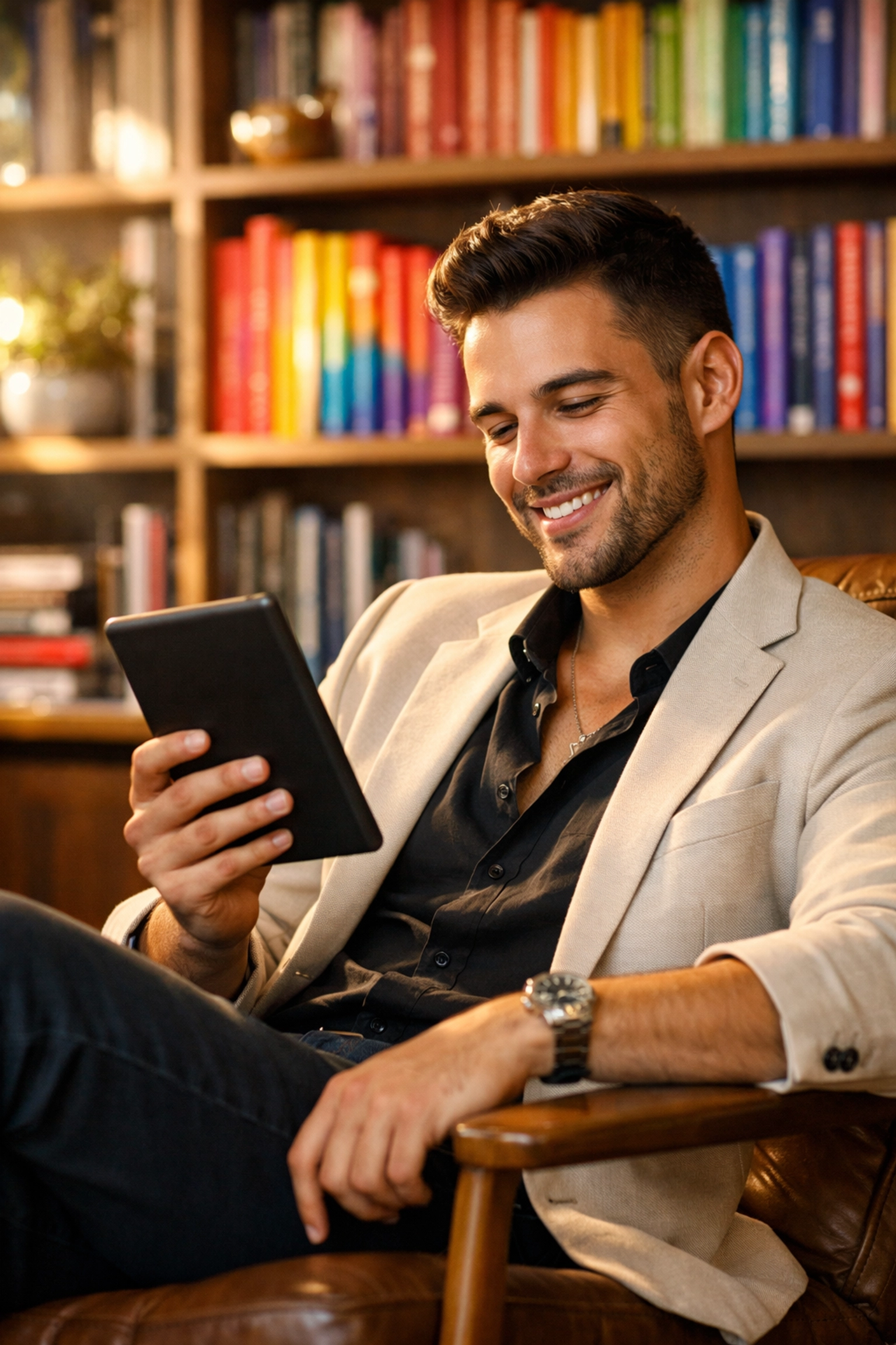 A successful gay author in a library with rainbow books, reviewing his new LGBTQ+ eBook on a digital reader.