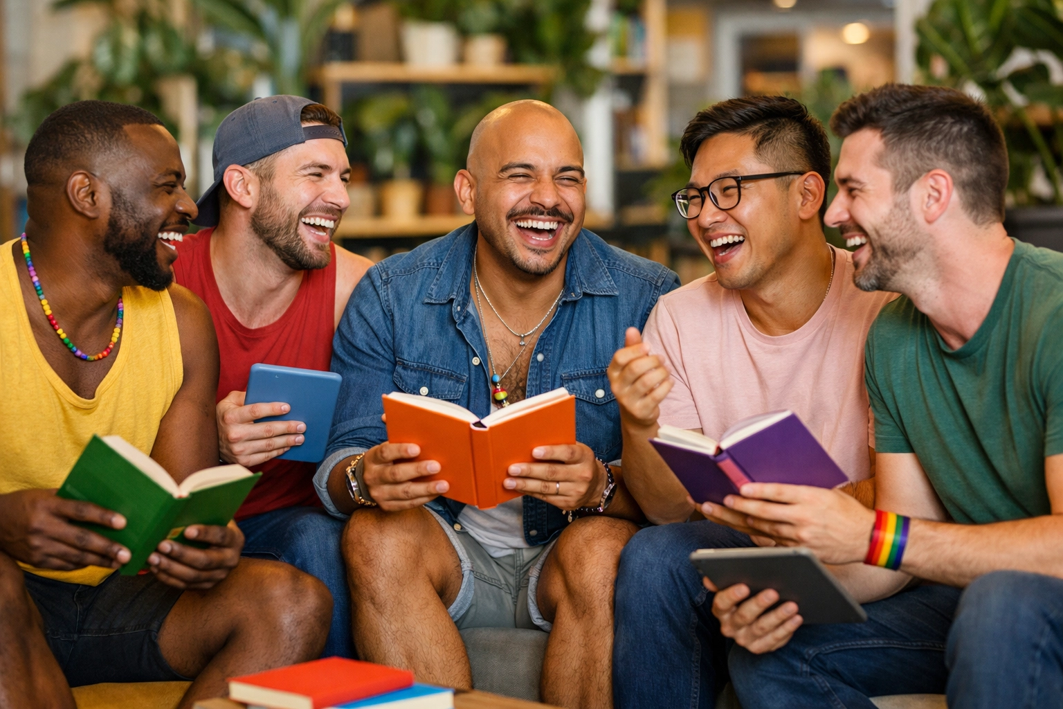 Diverse men discussing LGBTQ+ romance books in a bright community space, perfect for a gay book club.