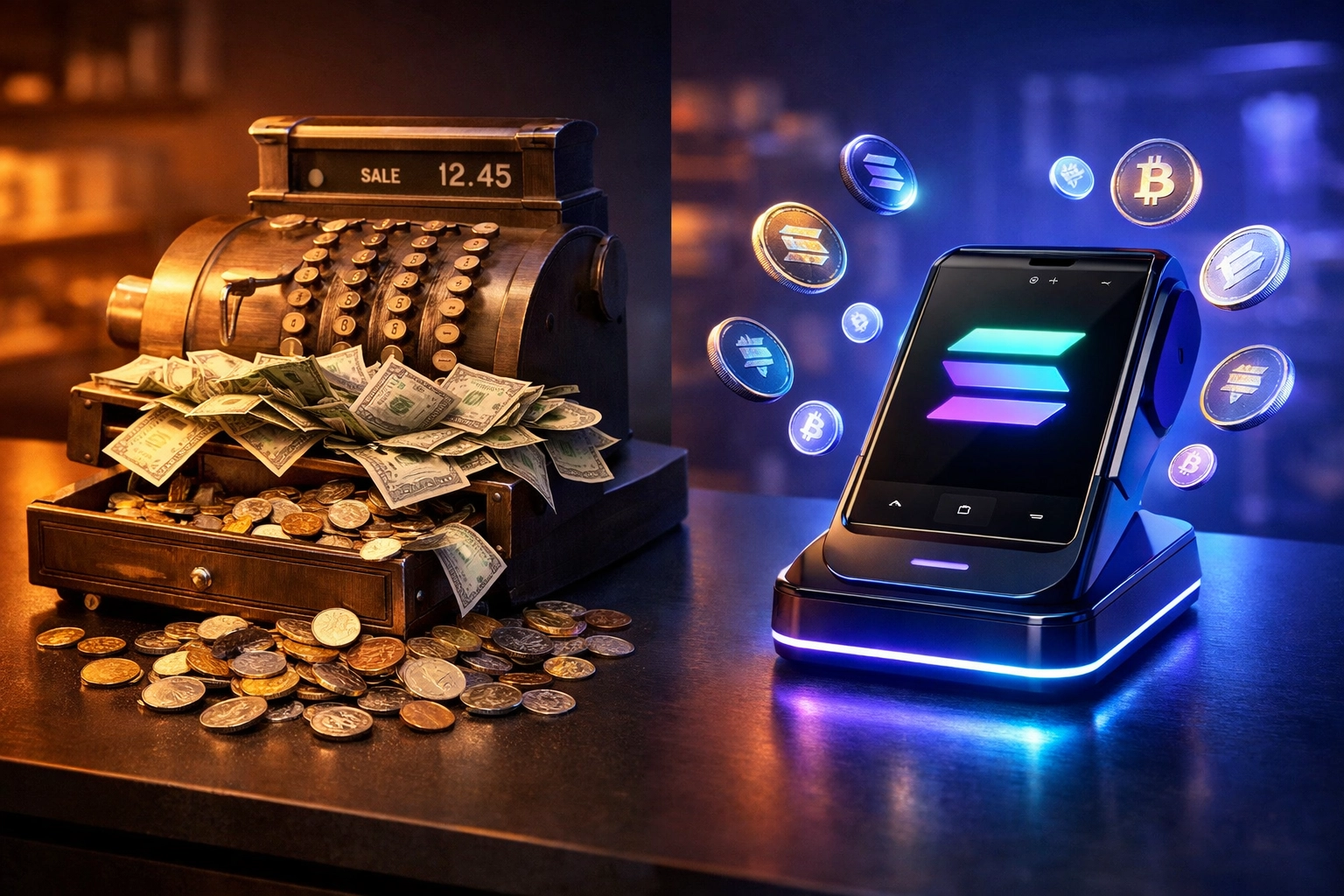 Traditional cash register vs crypto POS terminal showing Larecoin's gas-only fee savings