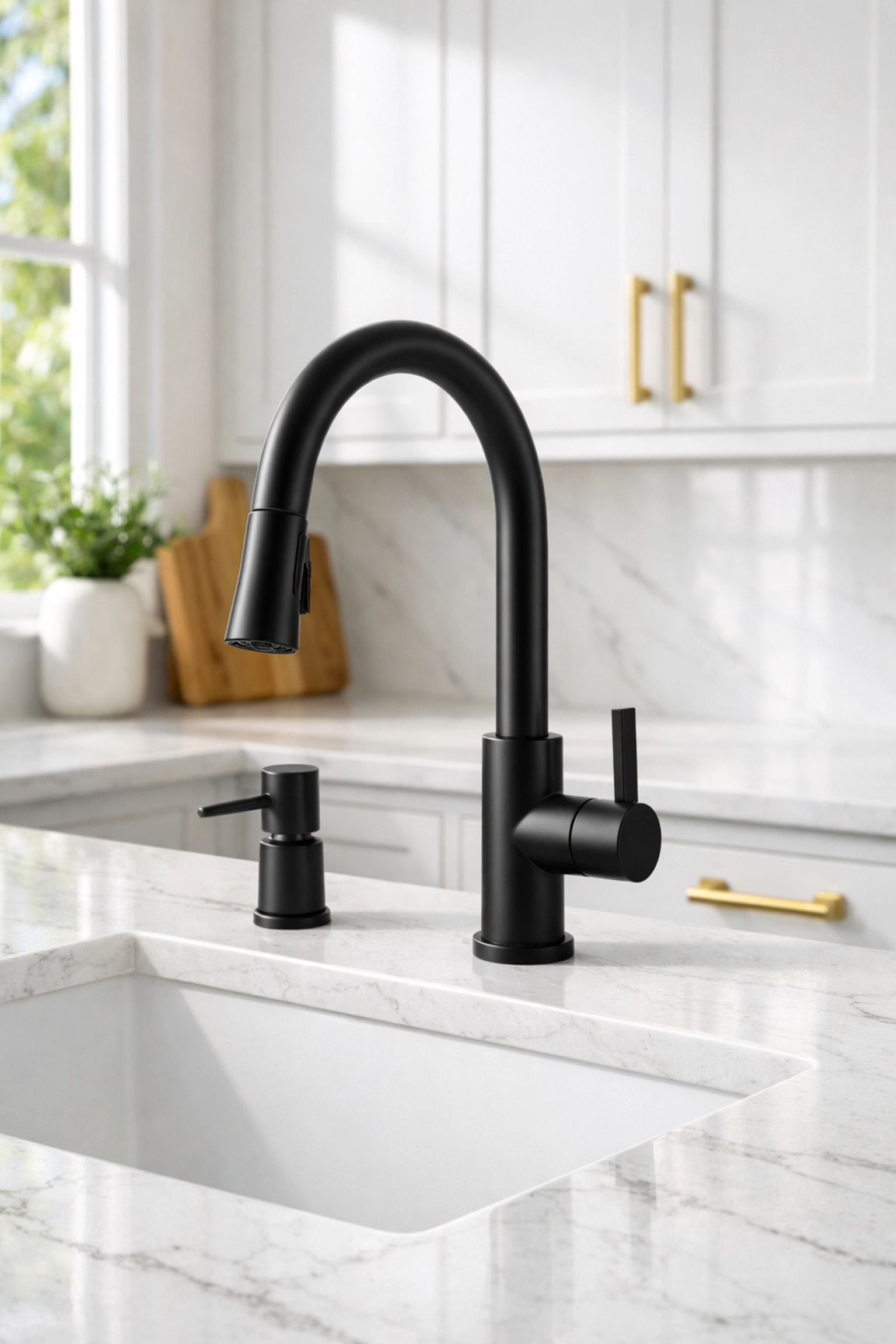 Luxury kitchen renovation in Orlando showcasing a white quartz countertop and modern matte black faucet touchpoints.