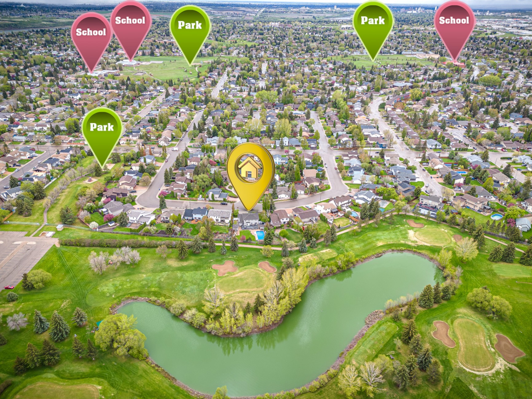 Aerial drone photo of residential listing by golf course and pond
