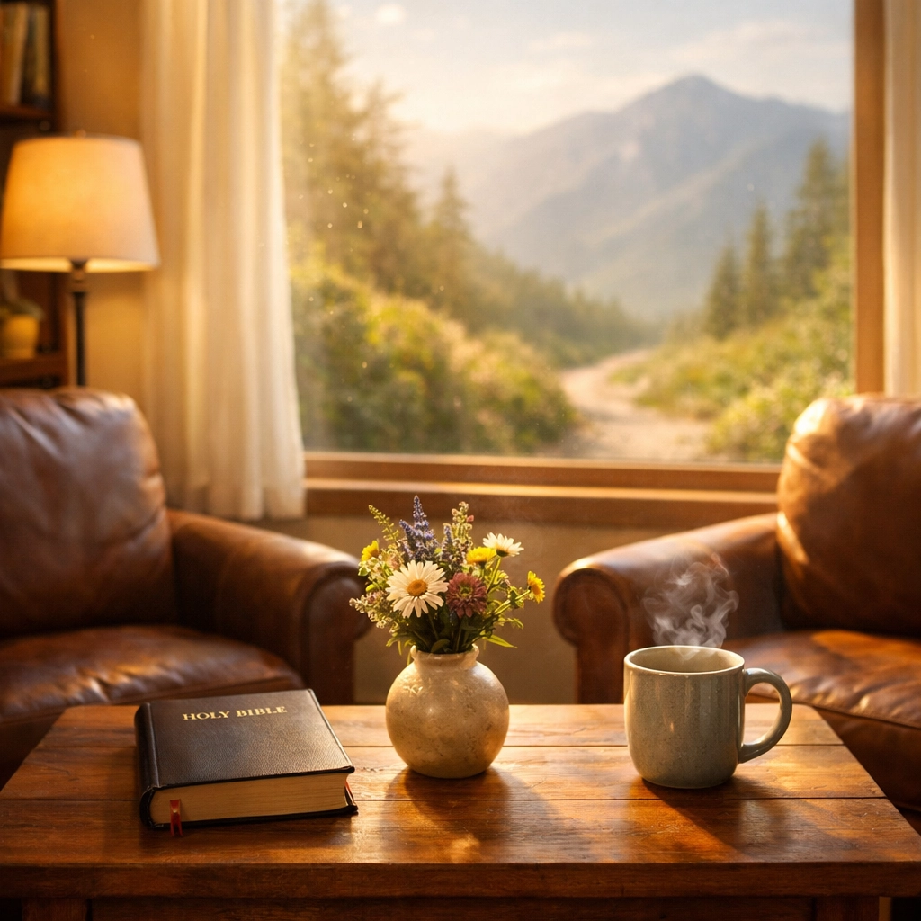 A peaceful Christian counseling office with armchairs and a Bible, offering a safe space for teen healing.