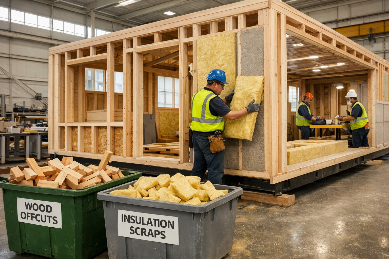 Factory manufacturing of modular home showing efficient construction with minimal waste