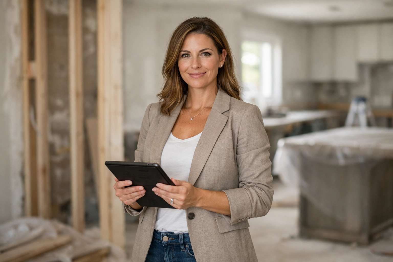 Woman evaluating a potential real estate investment property and Victorian house flip with a tablet.