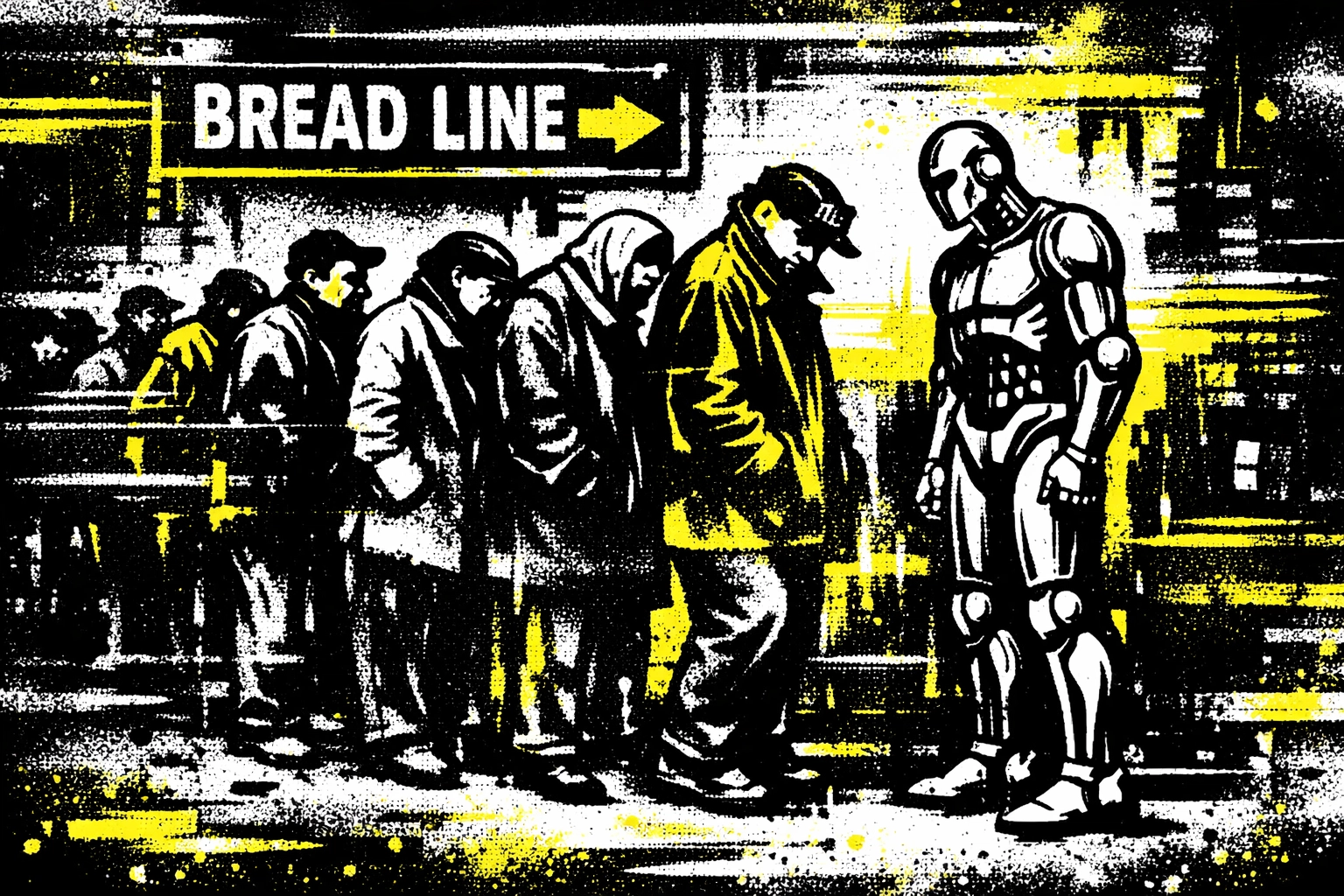 Stencil art of an Optimus robot in a bread line depicting AI job displacement and the economic shift toward UBI.