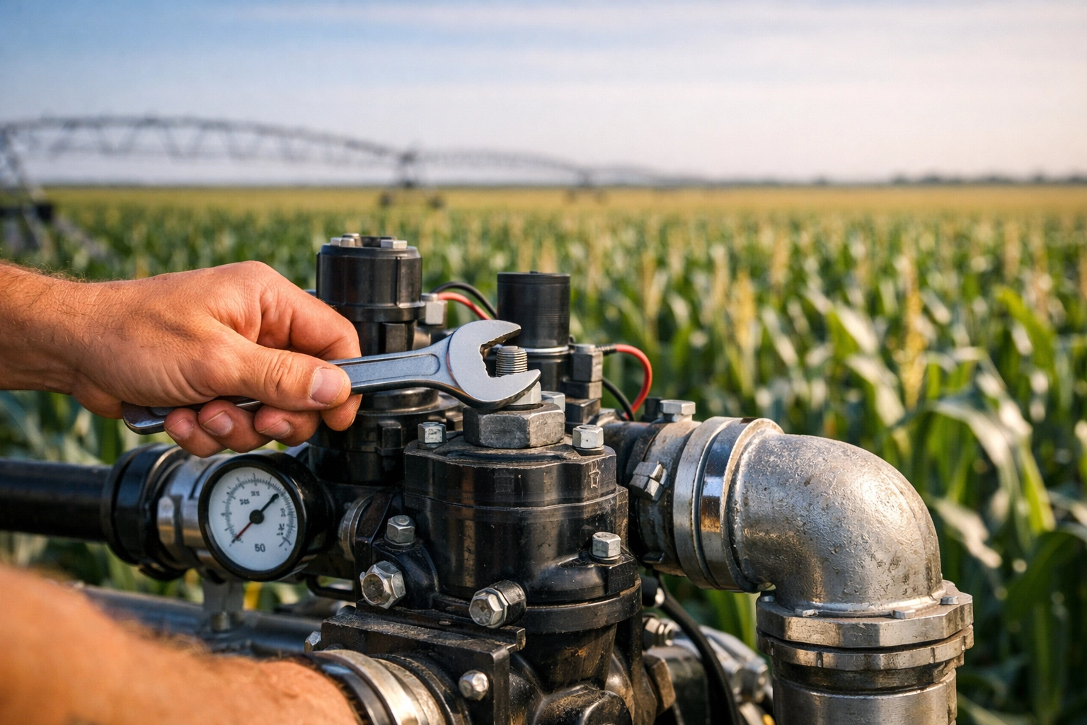 Technician servicing an irrigation valve in a Nebraska cornfield to support Atkinson agricultural mechanical systems.