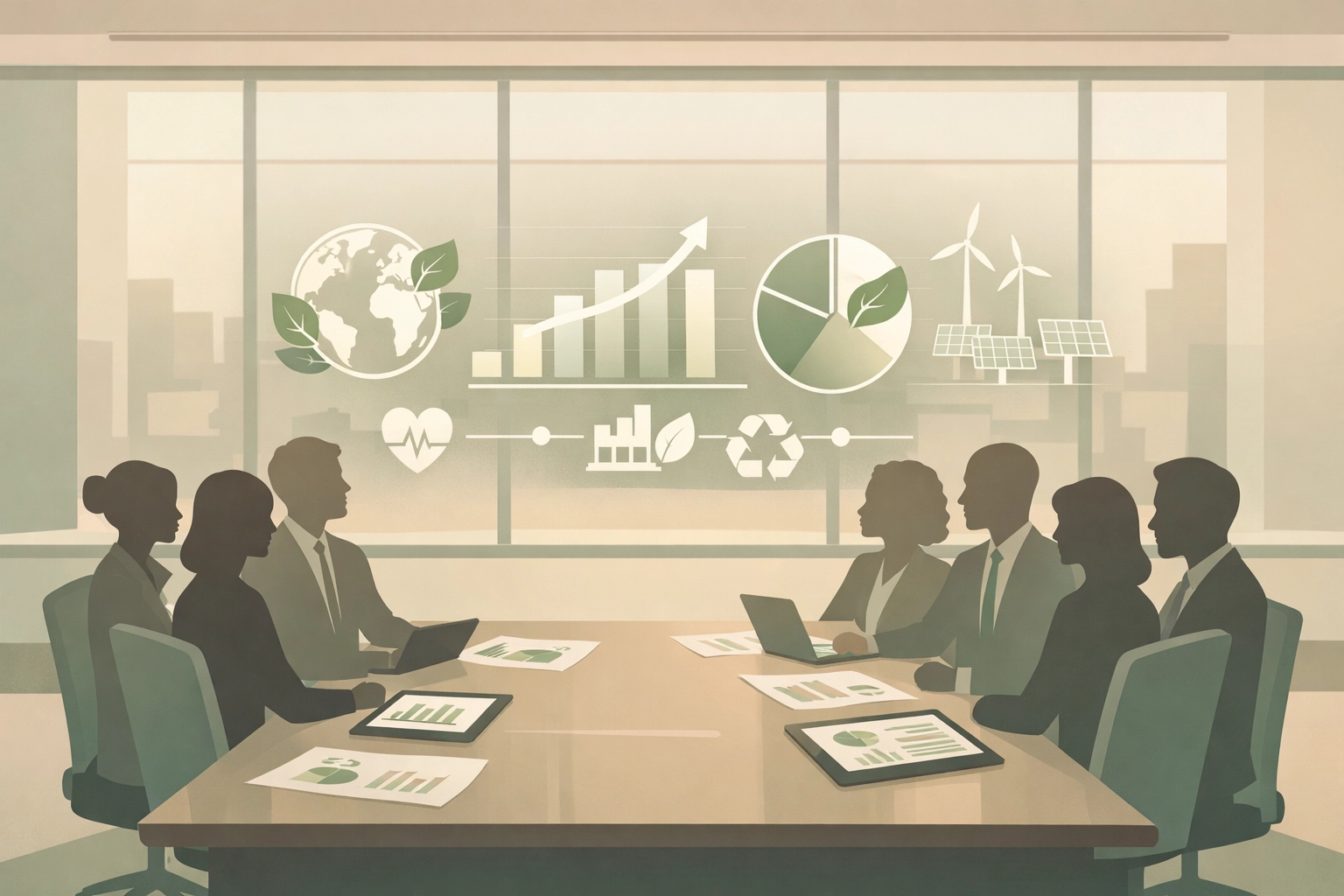 Business team collaborating on ESG reporting strategy with sustainability data dashboards