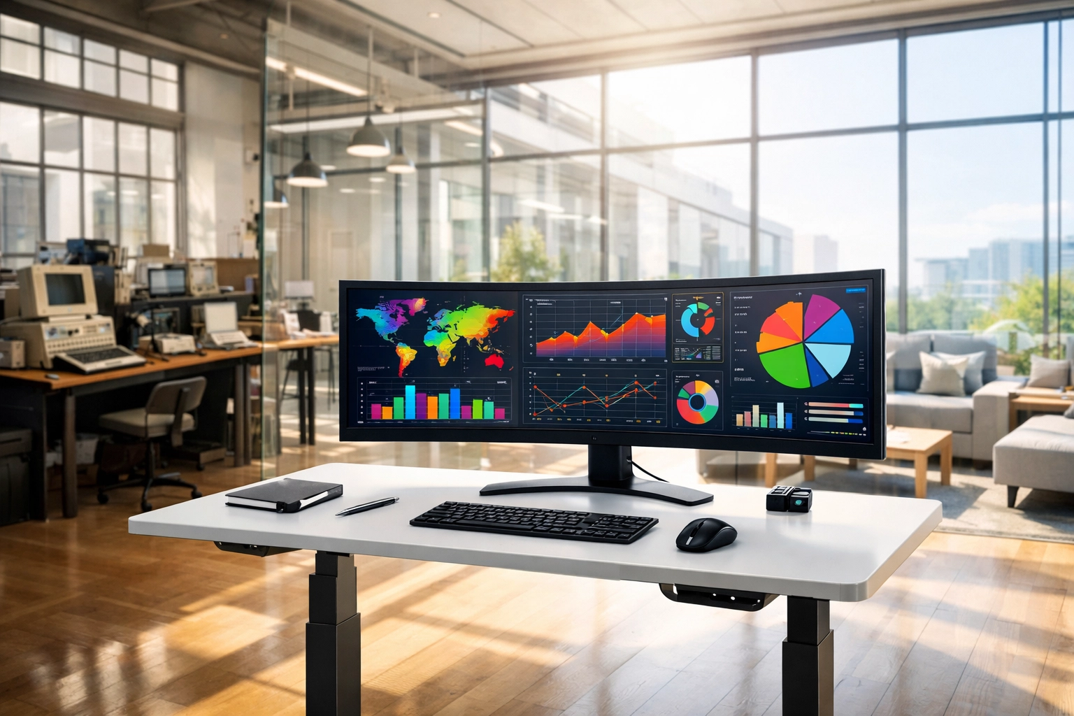 Modern minimalist workspace with curved monitors and modular desks replacing traditional computer labs.