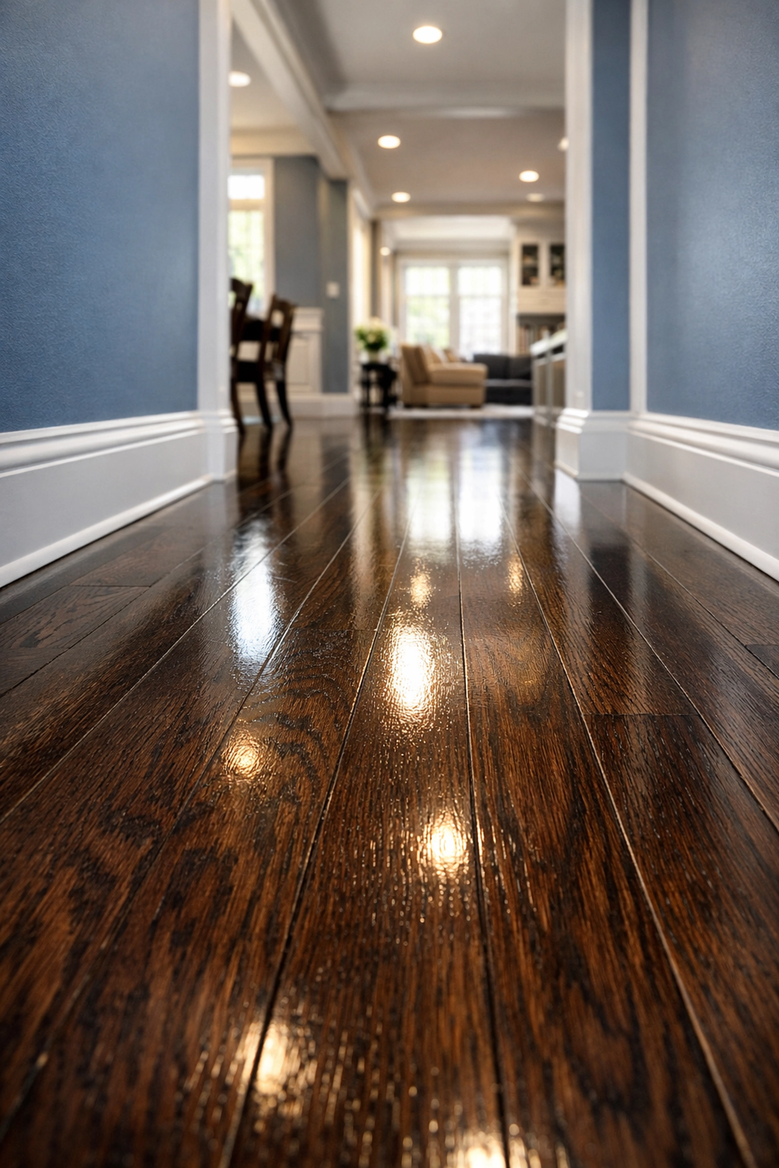 Polished hardwood floors and clean white baseboards during deep cleaning your new Boston home.